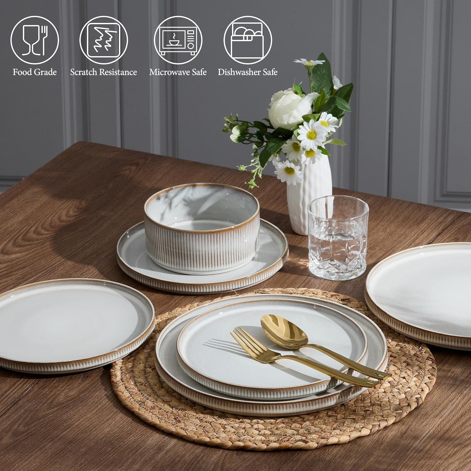 E-far 12-Piece Plates and Bowls Sets, Stoneware Dinnerware Dishes Sets for 4, Kitchen Modern Dining Dishware, Chip & Scratch Resistant, Microwave & Dishwasher Safe, Creamy Beige - Image 3