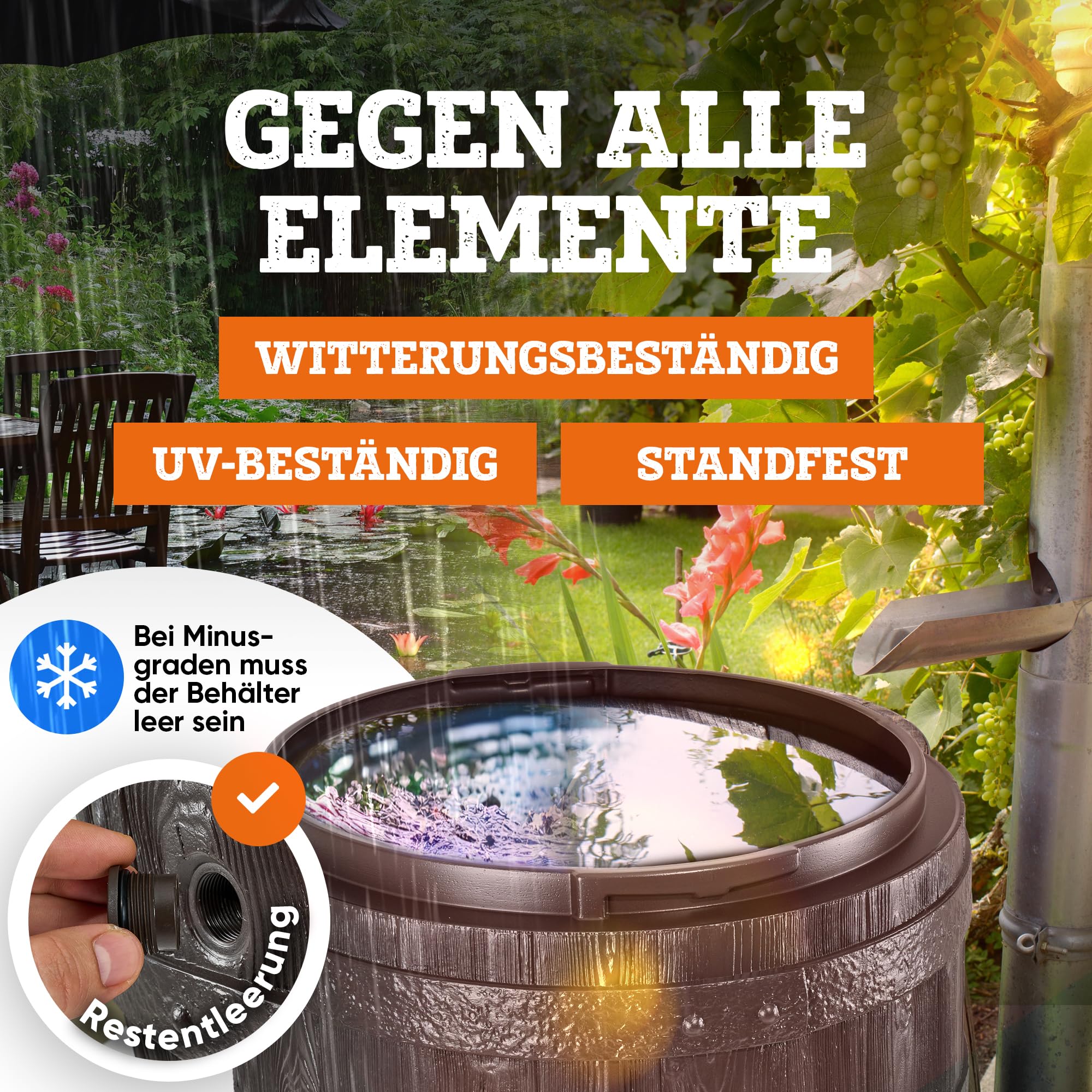 GARANTIA BARRICA Regentonne 420 Liter braun rustikale Holzfassoptik | mit abnehmbarem Deckel UV-beständiger Recycling-Kunststoff für den Garten integrierte Gewindeanschlüsse zur Wasserentnahme