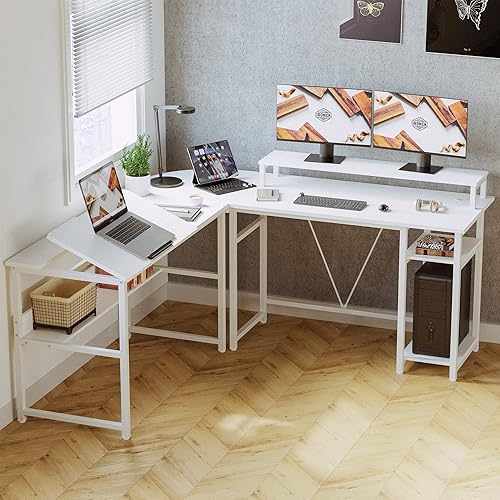 IRONCK Escritorio en forma de L para computadora de oficina de 708 pulgadas con soporte ajustable para tableta y monitor de impresora estante de