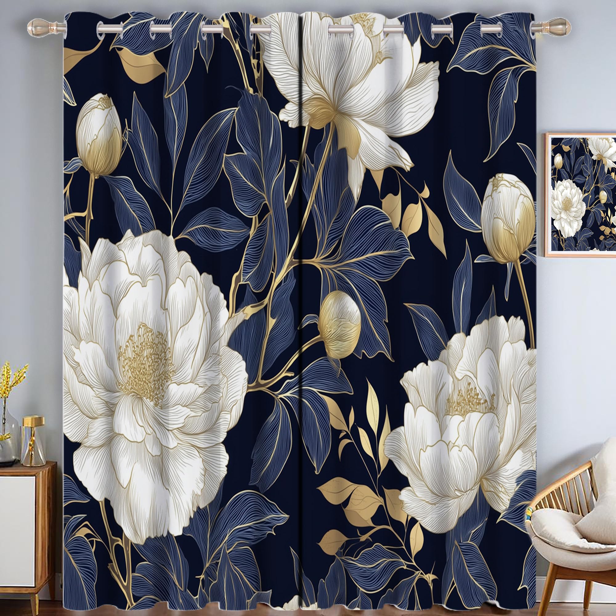Rideaux occultants pour chambre enfant et salon au motif pivoine dorée 3D