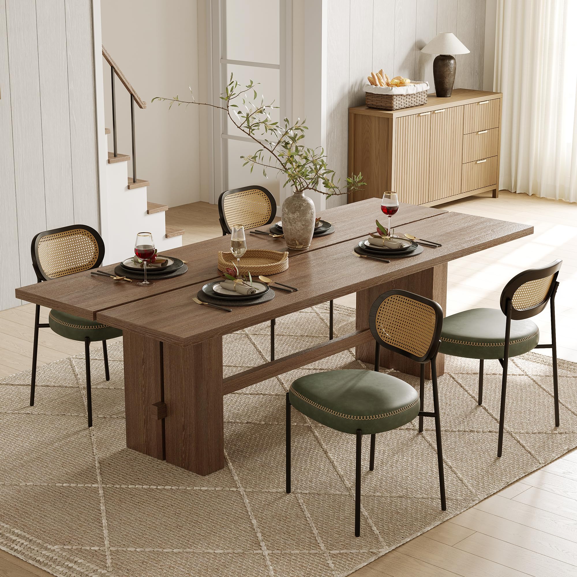 Rattan Dining Chairs Set of 4, Green Leather Upholstered Dining Chairs with Rattan Cane Back, Mid Century Modern Dining Room Chairs with Black Metal Legs & D-Shaped Thicken Cushion, Green Set of 4 Green