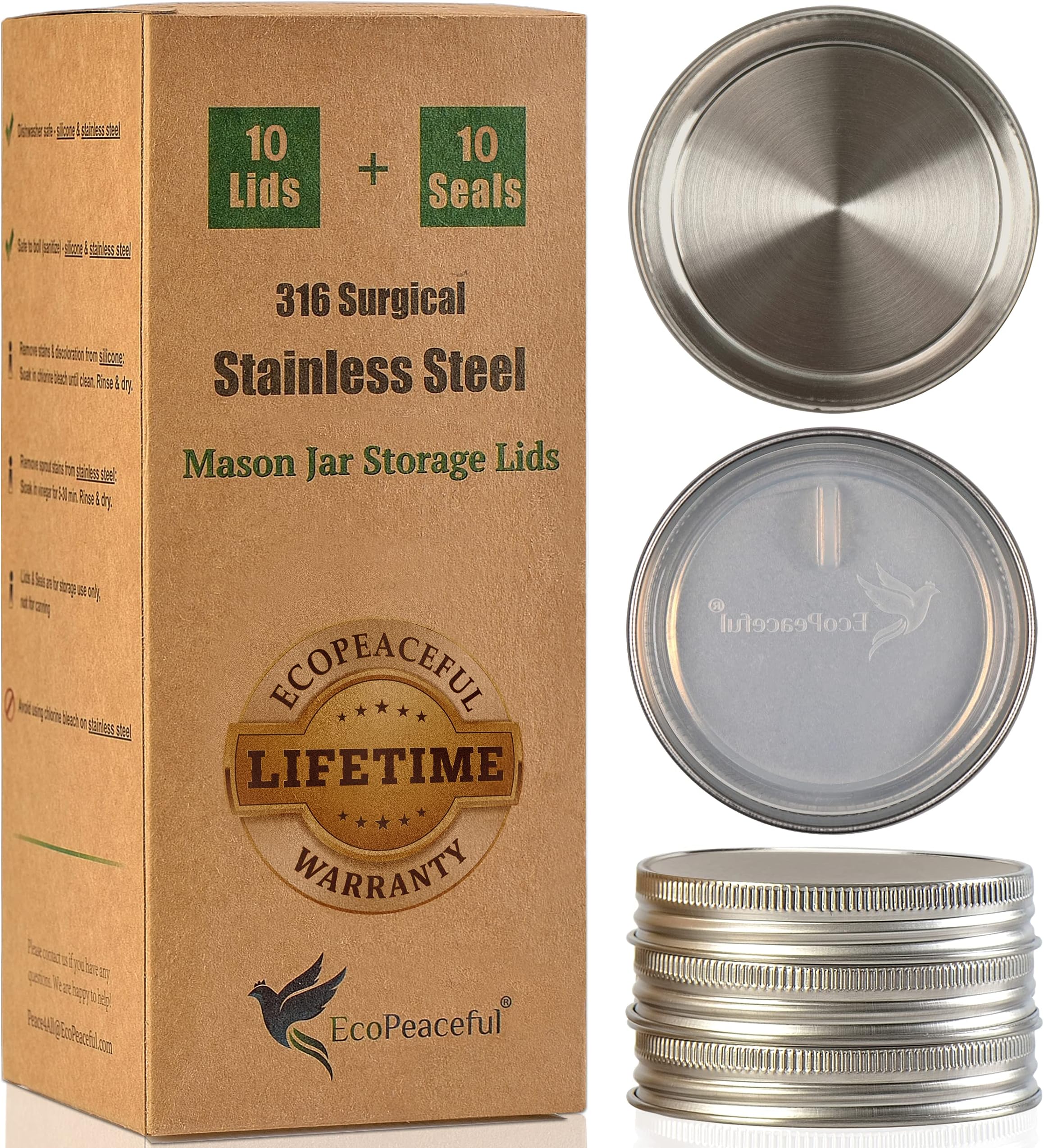 316 Surgical Stainless Steel Mason Jar Lids REGULAR Mouth - Rust-proof, Airtight, Leak-proof, BPA-Free, PVC-free, Vegan, Reusable - Not for Canning