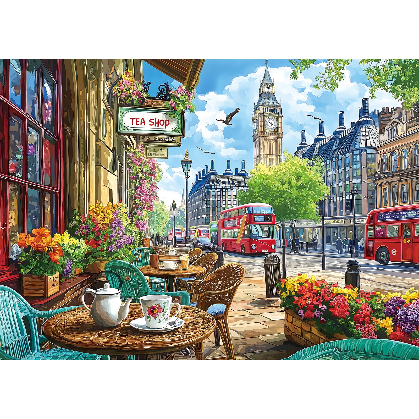 1000 Piece London Tea Shop Scene Jigsaw Puzzle for Adults, Big Ben Iconic Landmarks, Hard…