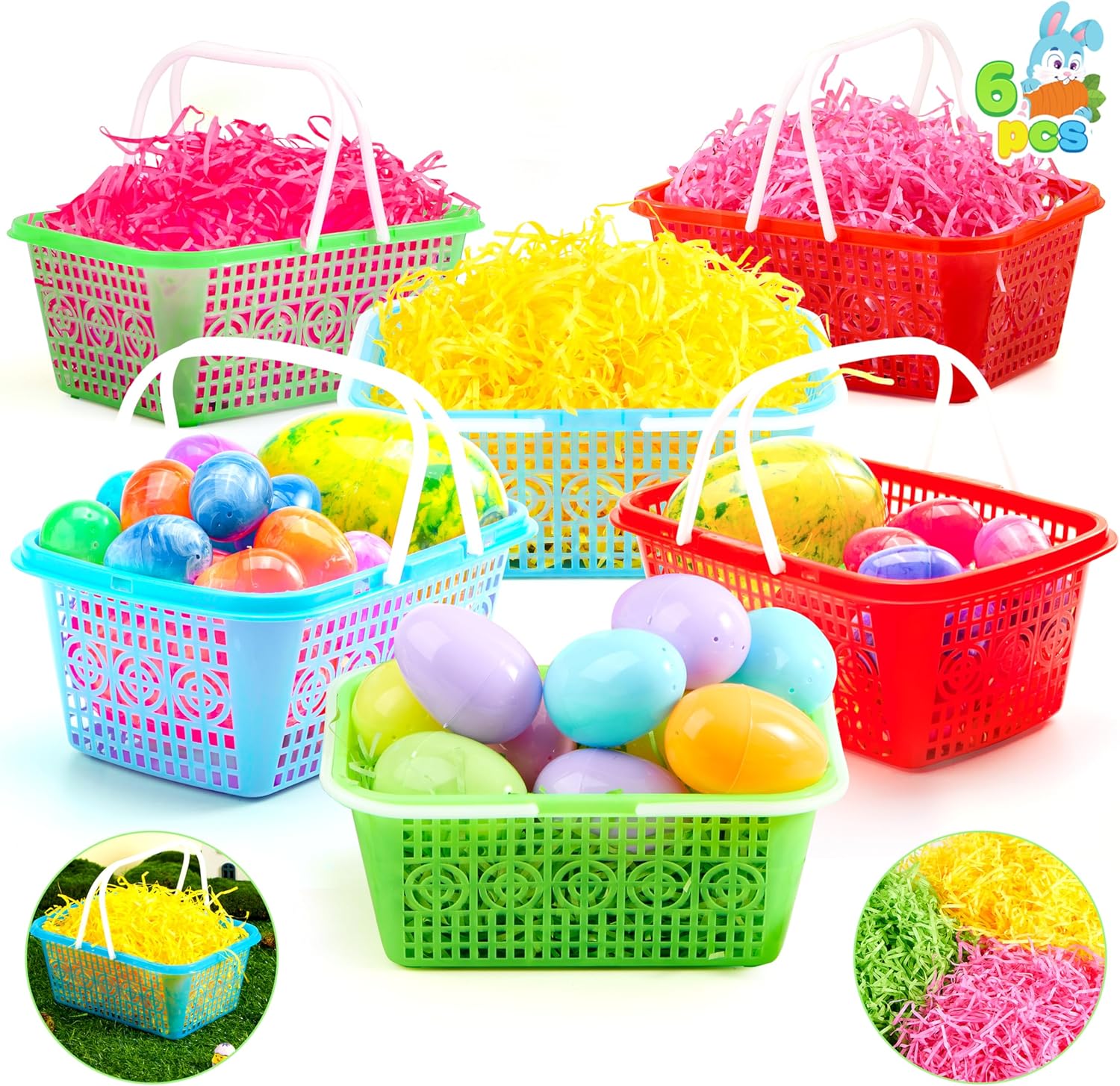 JOYIN 6 Pcs Easter Plastic Baskets with Tricolor Fake Grass Paper Shred, Baskets with Handles for Kids Easter Egg Hunting, Party Favors, Gift Wrap Decorations
