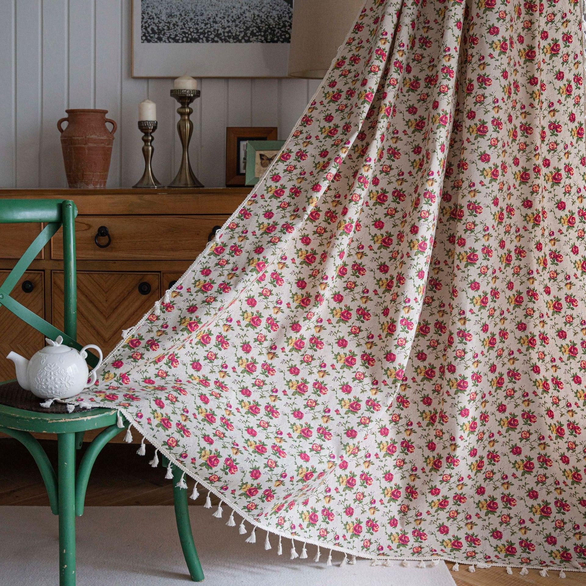 Boho Floral Blackout Curtains for Bedroom - Shabby Chic Room Darkening Thermal Insulated Window Curtain - Vintage Flower Pattern Cotton Draperies