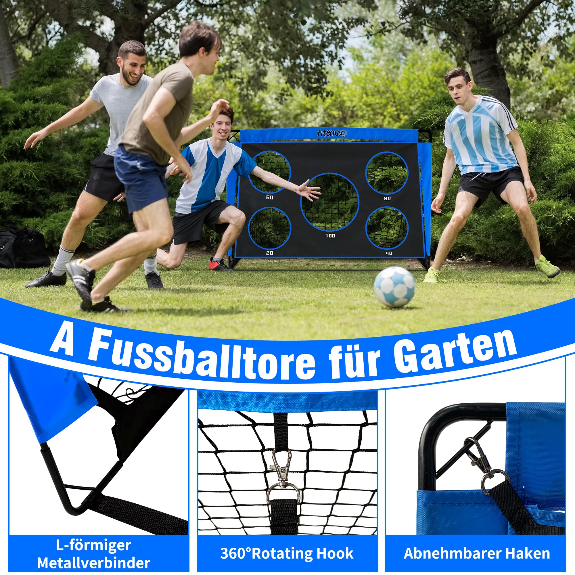 Set porta da calcio per bambini, con 5 fori e 3 bersagli, pieghevole, 120 x 90 cm, 6 ostacoli per l'allenamento per giardino/esterni, con borsa per il trasporto e ancoraggio a terra