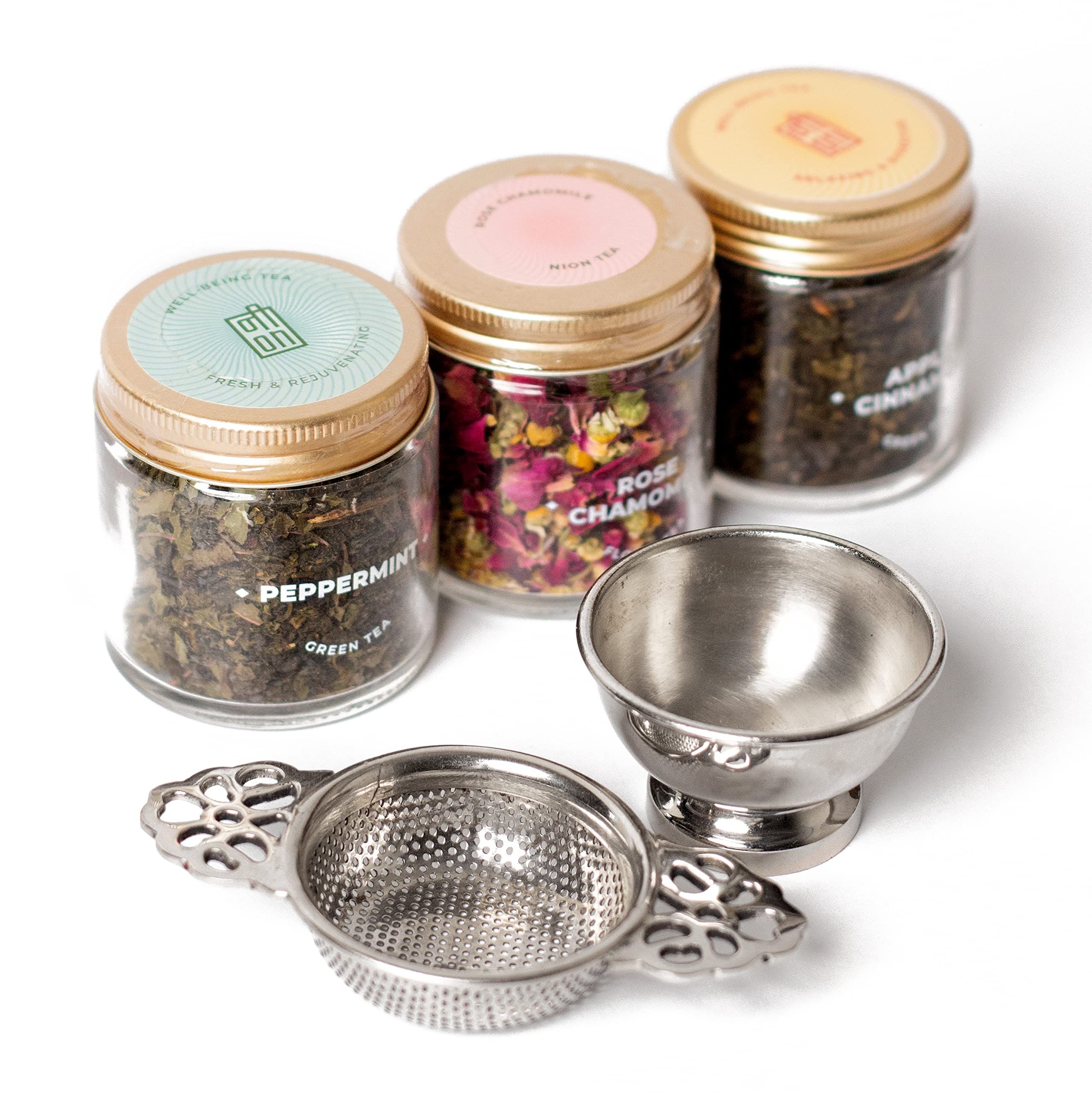 NION Detox Green Tea Loose Leaves Combo + Drip Bowl | Peppermint, Rose Chamomile, Apple Cinnamon Flavour Herbal Detox Tea | Silver Brass Infuser | Set of 3 x 60g