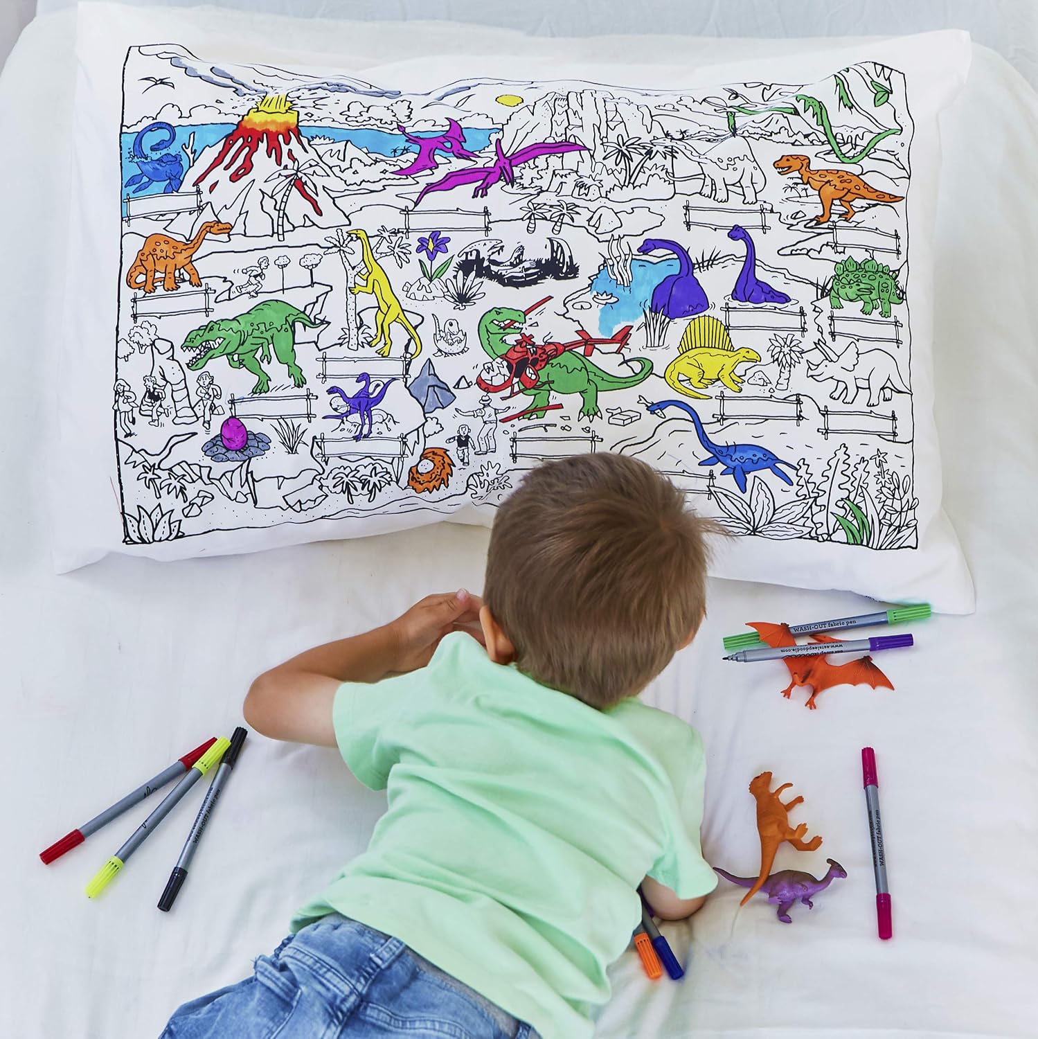 eatsleepdoodle Coloring Pillowcase for Kids w/ 10pk Washable Markers for Kids - 30x20in Dinosaur Kids Coloring Pillowcase - Ultra Washable & Reusable Arts and Crafts for Kids