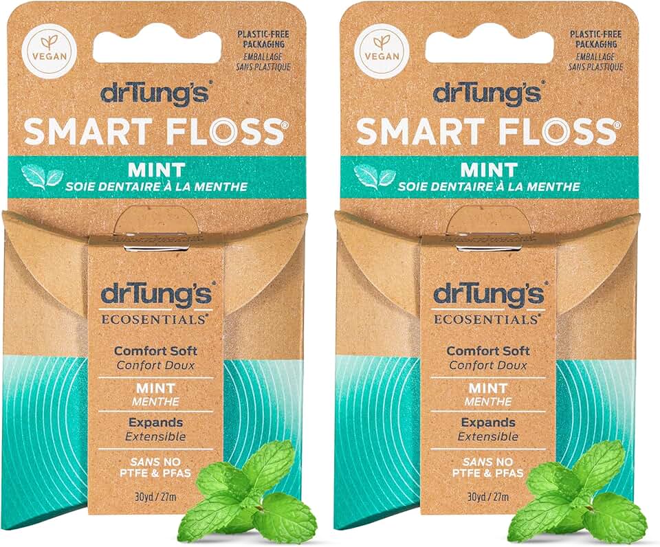 drTung's Smart Floss Mint for Teeth - Natural Expanding Dental Floss, Gentle on Tooth &amp; Gums, Expands &amp; Glides, PTFE &amp; PFAS Free, Certified Organic Mint Essential Oils - Pack of 2