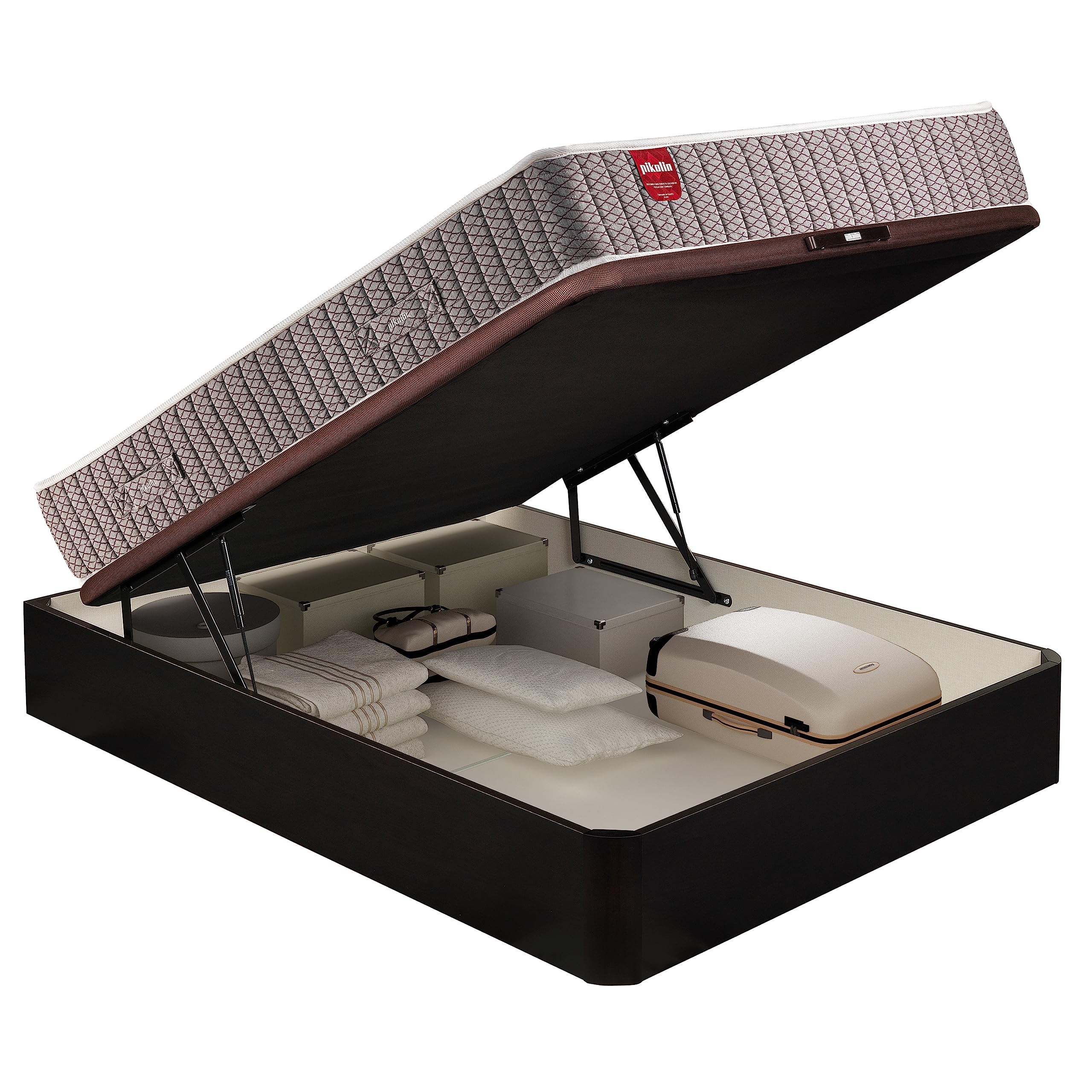 PIKOLIN Pack Colchón Troas de Muelles Ensacados 135x190 + Canapé Base Abatible Color Wengué y 2 Almohadas de Fibra | Incluye Subida a Domicilio, Montaje y Retirada de Usado