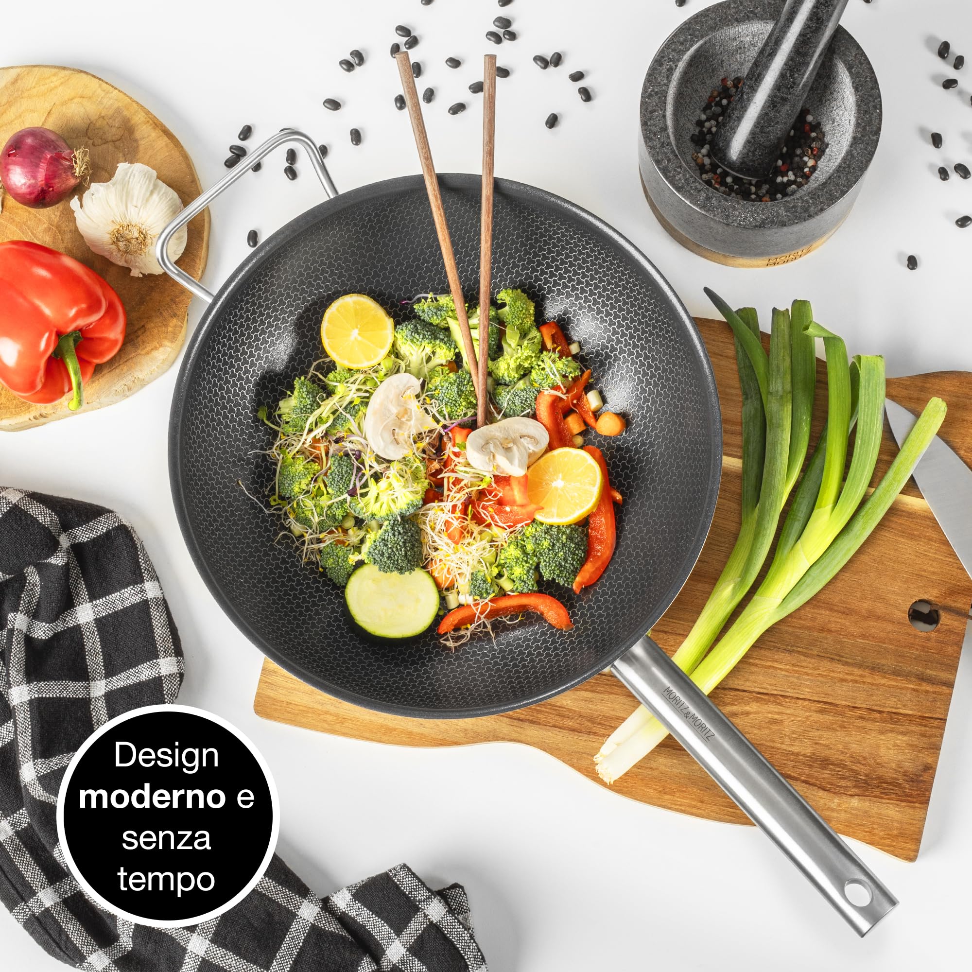 Moritz & Moritz Padella Wok da 30 cm in Acciaio inox con rivestimento in Ceramica - Tutti i tipi di fornelli - Struttura antiaderente a nido d'ape per cucinare, arrostire e cuocere a fuoco lento