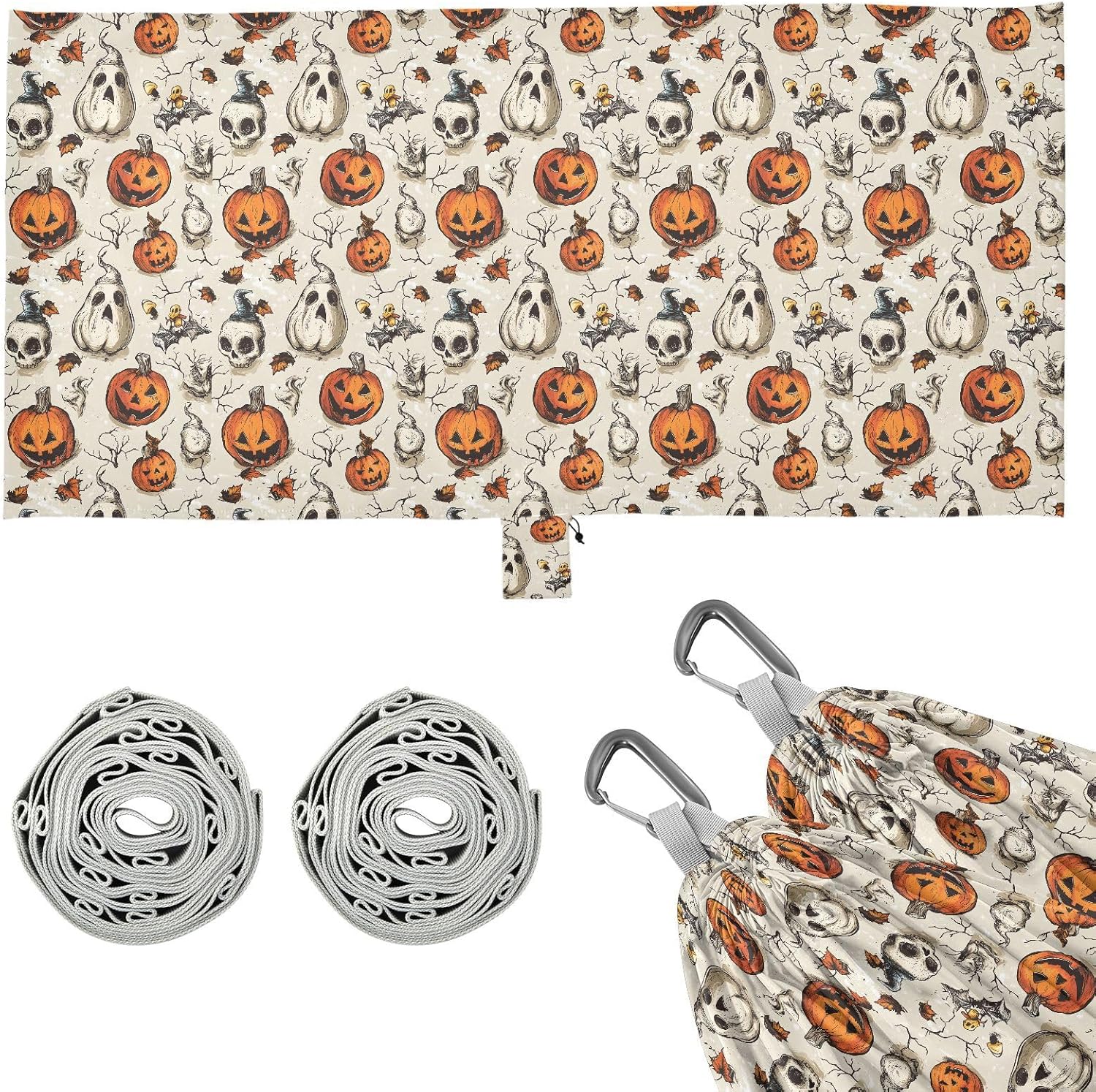 ALAZA Halloween Pumpkin Skull Camping Hammocks Single or 2 Person 500 lbs Portable Parachute Travel Hammock w/Tree Straps for Hiking Backpacking Indoor Outdoor