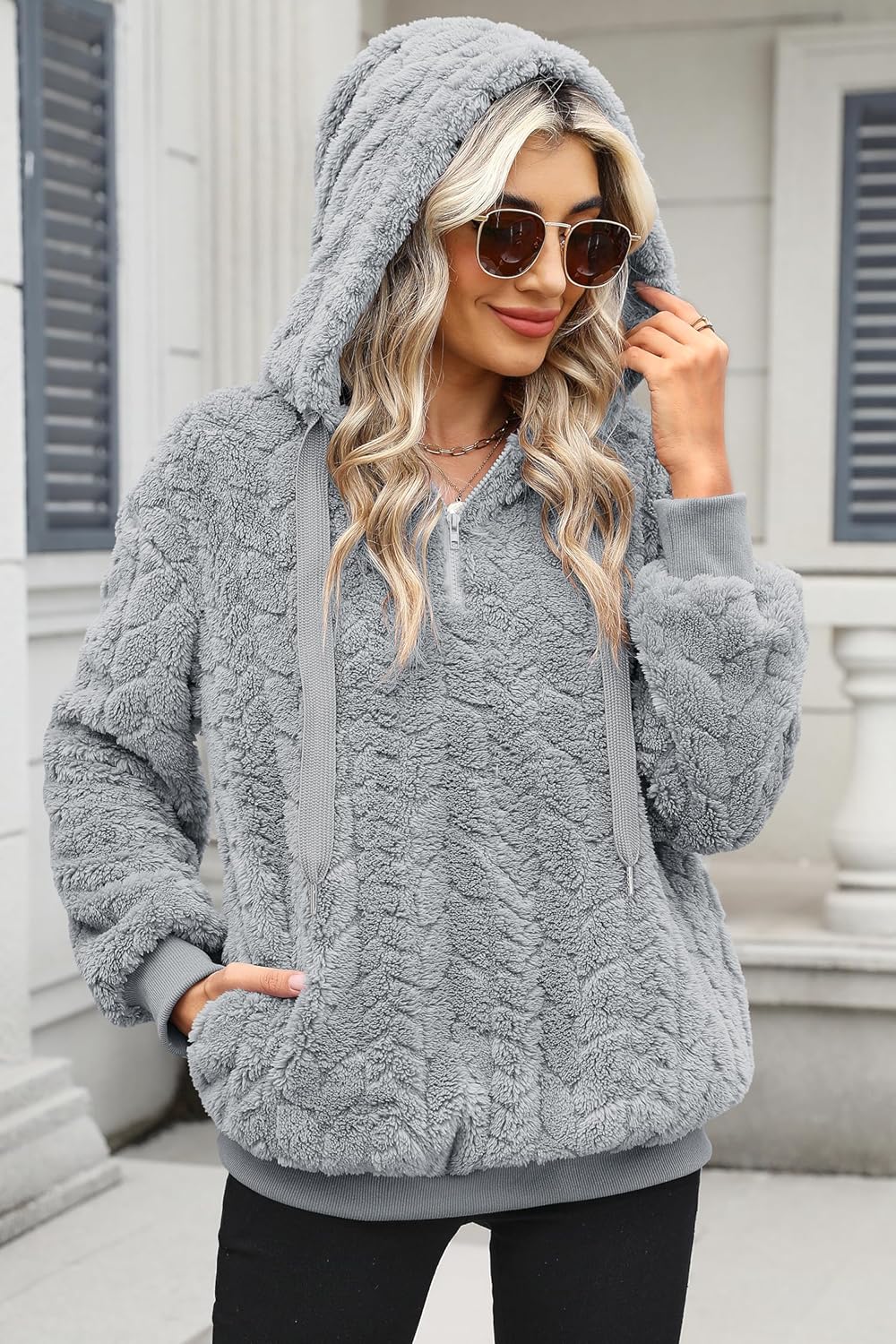 ReachMe Womens Oversized Sherpa Pullover Hoodie with Pockets Fuzzy Fleece Sweatshirt Plaid Fluffy Jacket Coat - Image 2