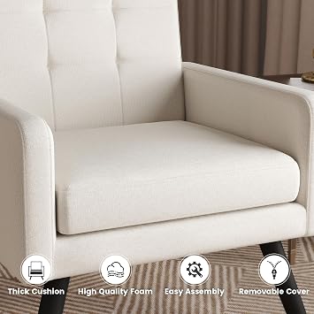 Modern Accent Chair, Extra Wide Seat, Upholstered Seat, Back, and Arms, for Living Room, Premium Fabric, 496 Lb. Capacity, Cream