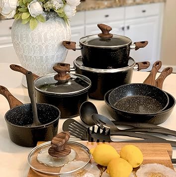 Kitchen Academy Induction Hob Pots and Pans Set Non Stick, Black