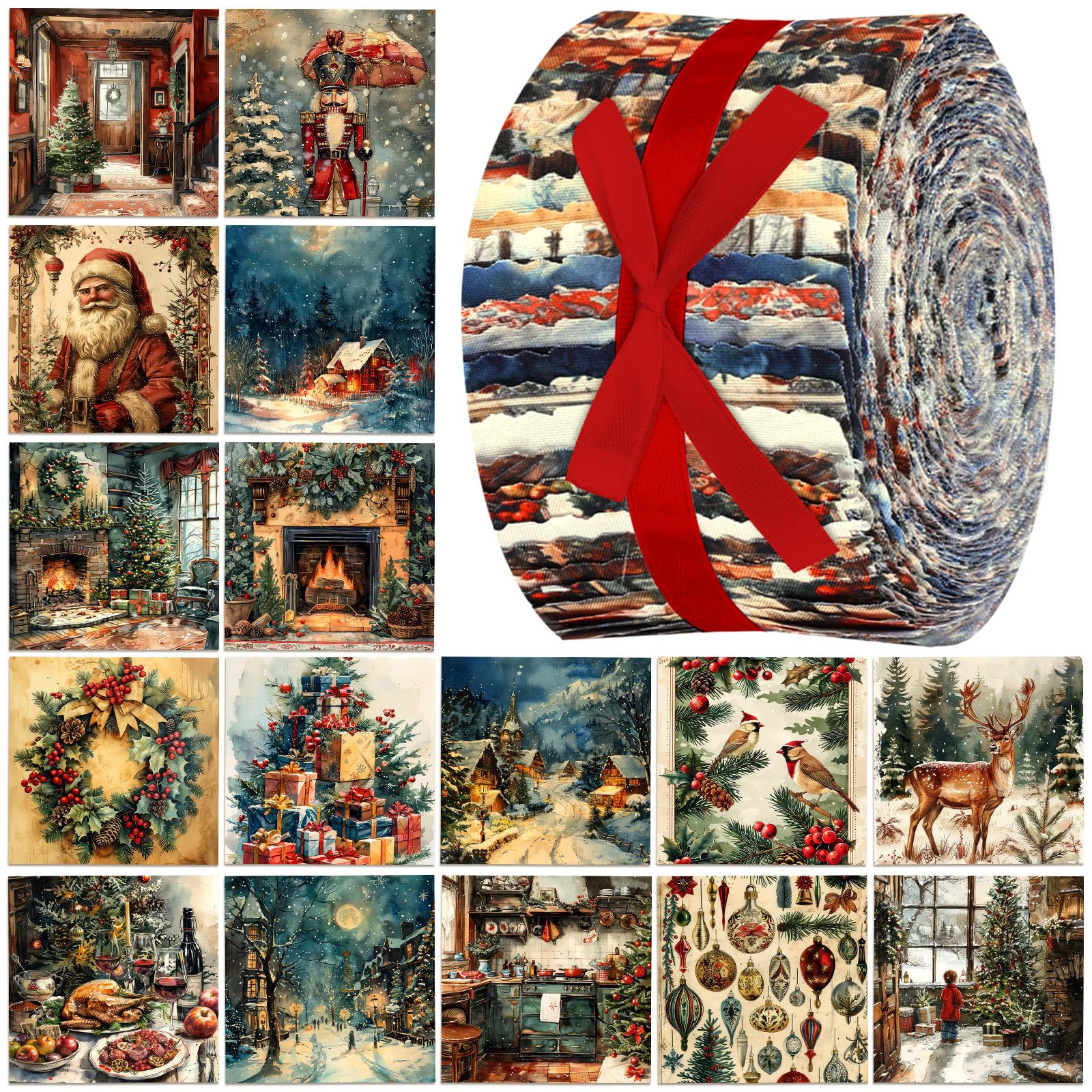 Ganeen - Rollo de 100 piezas de tela navideña vintage para acolchado, 2 cuadrados de tela de 56 pulgadas, tiras precortadas para patchwork, materiales de invierno para Navidad, manualidades, costura y bricolaje.