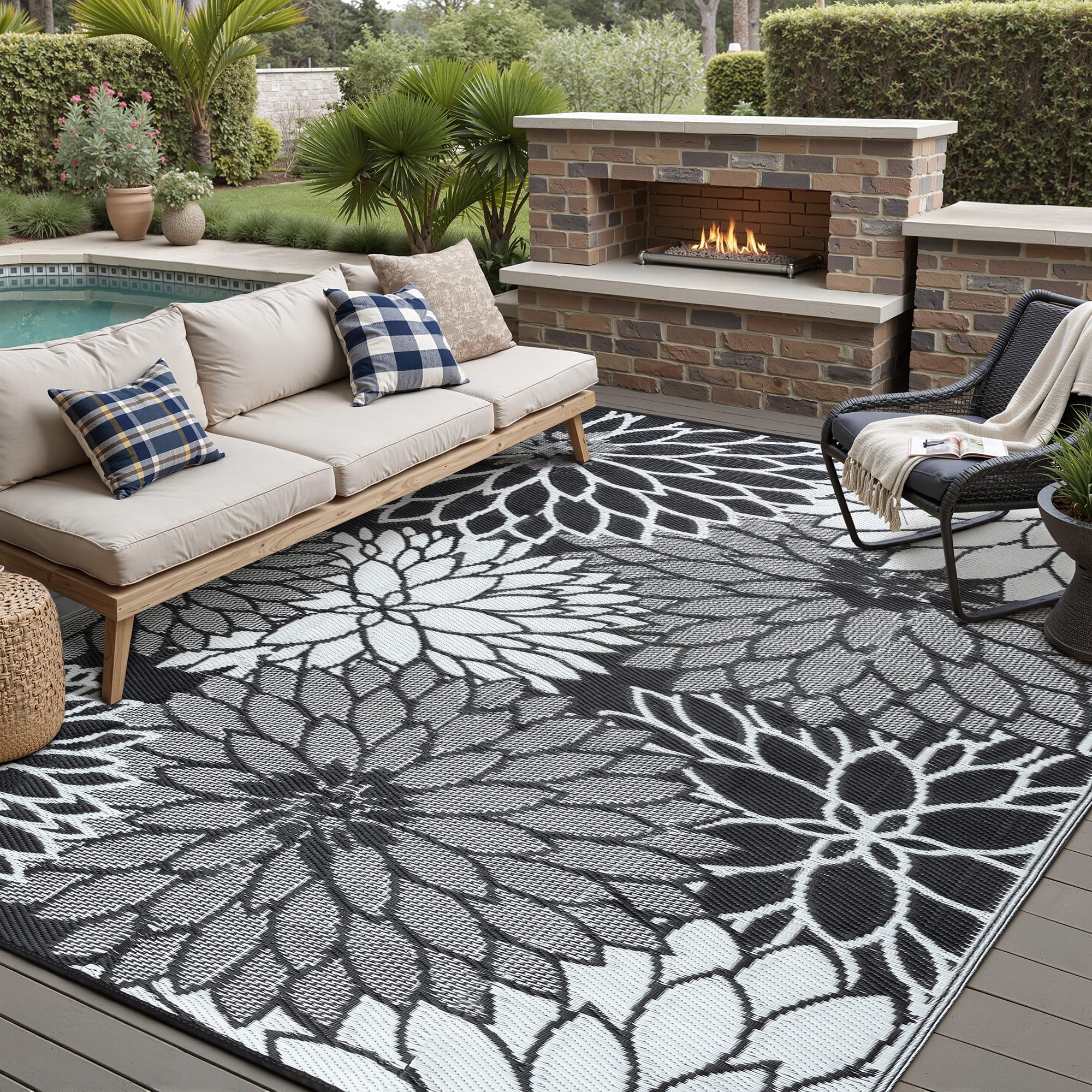 HUGEAR 9'x12' Outdoor Rug Waterproof Plastic Straw Rugs Large Black Reversible Floral Mat Floor Carpet for Camping RV Deck Entryance Porch Picnic Balcony Beach Backyard