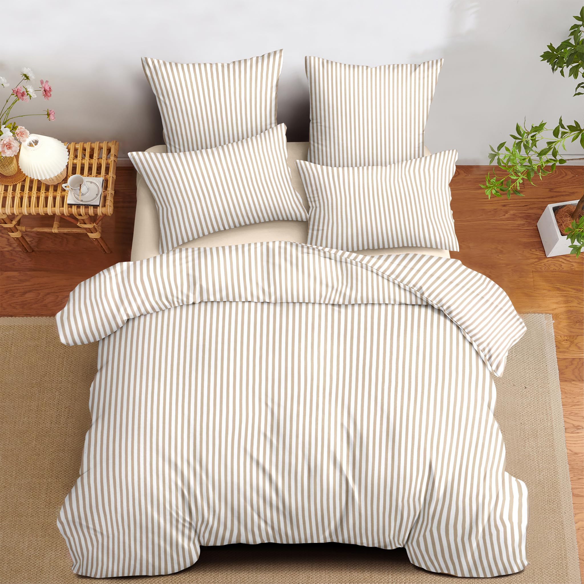 Photo 1 of Nayoroom Tan Striped Queen Duvet Cover Set