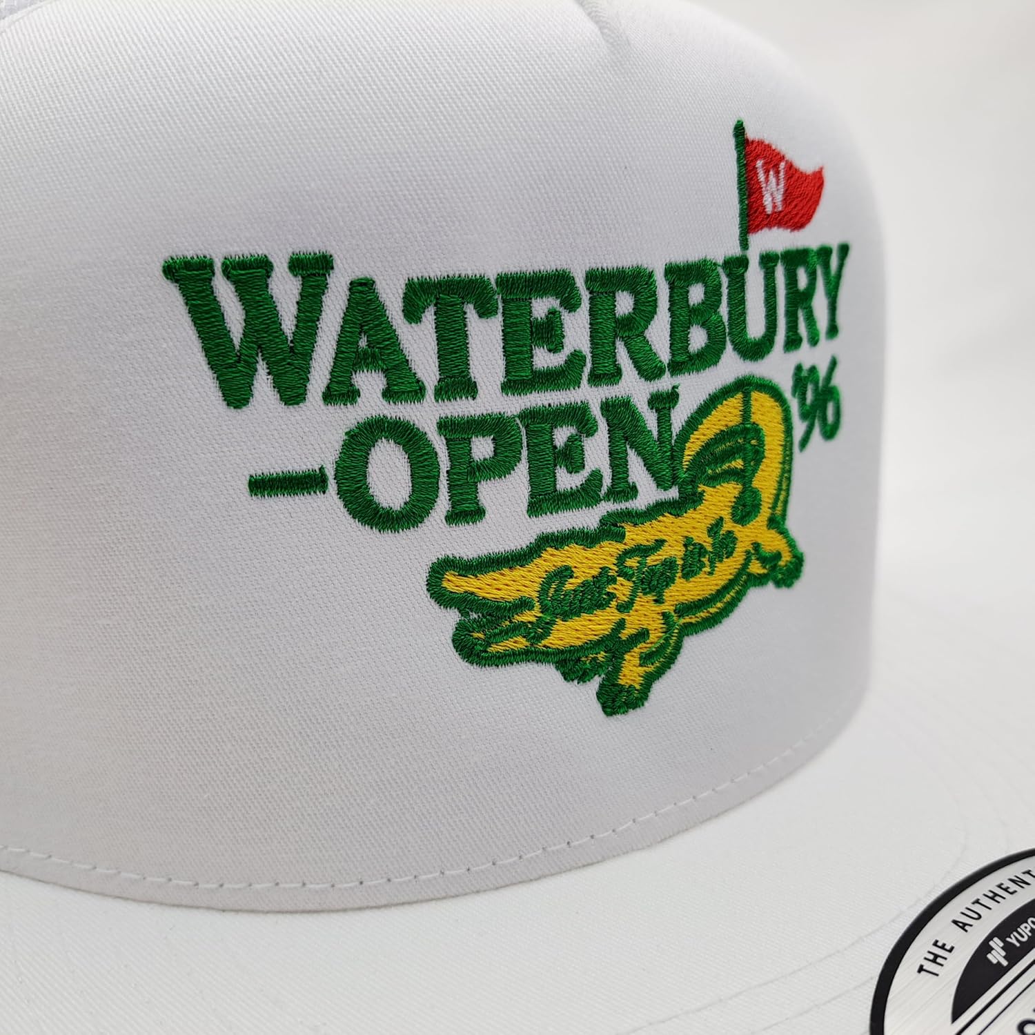 Waterbury Open '96 Golf Gilmore Movie Chubbs Just Tap It in Trucker Mesh Snapback Flat Bill Hat Cap Embroidered White