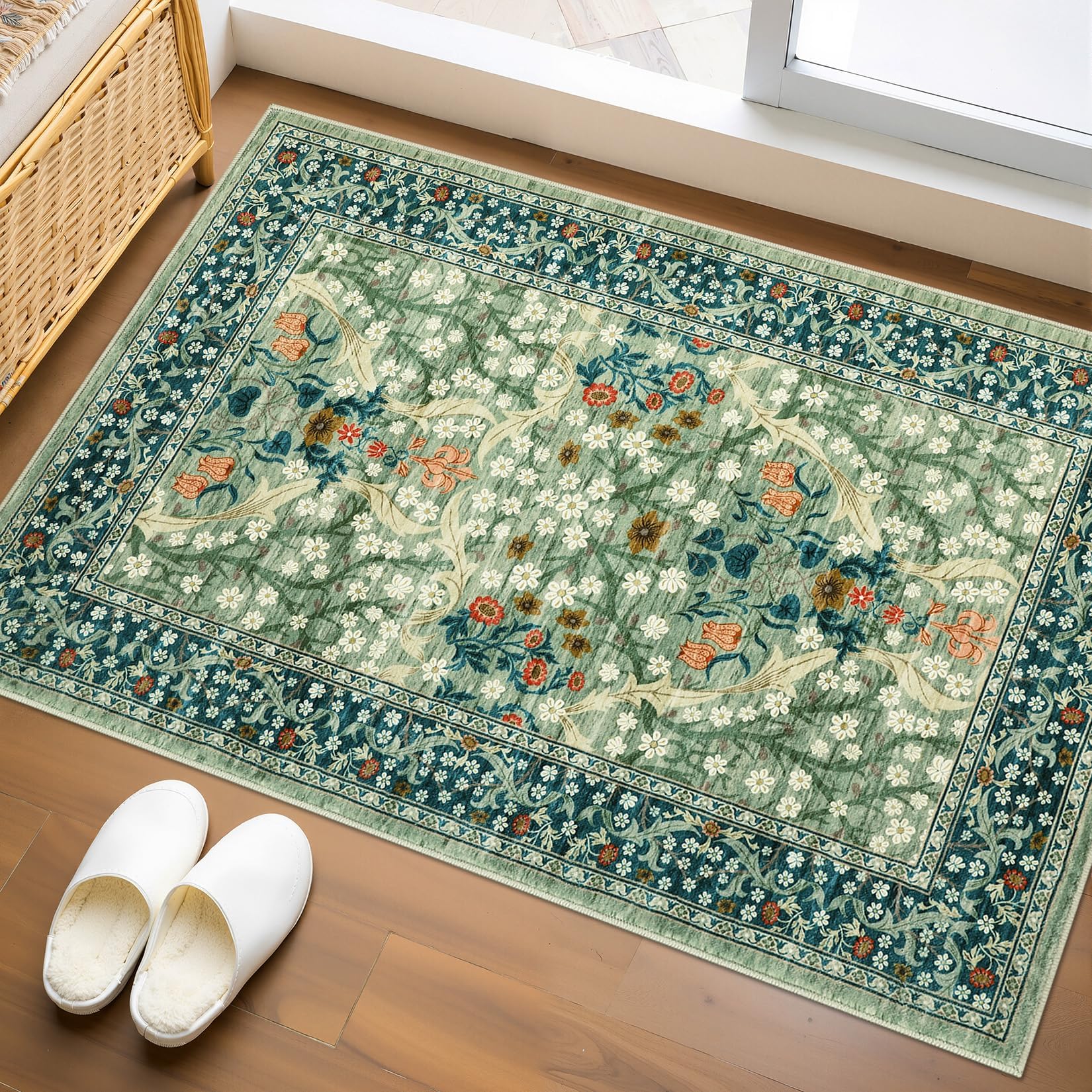 Floral Entryway Rug 60x100cm Spring Green Washable Front Door Entry Throw