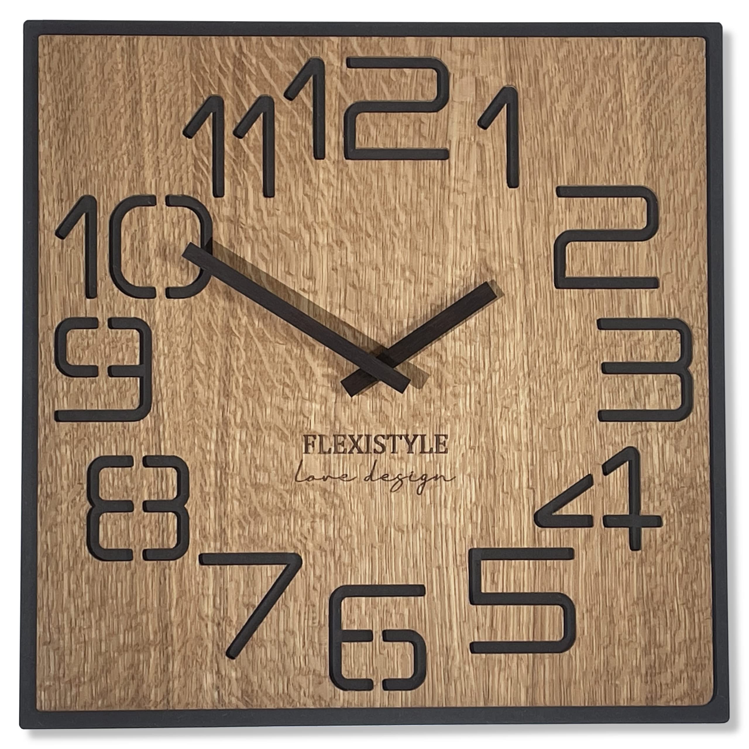 FLEXISTYLE Moderno Reloj de Pared Cuadrado Grande de Madera Eco de 50 cm de diámetro, Silencio, Aspecto de Madera, Roble, salón, Dormitorio, (Digits 40 cm)