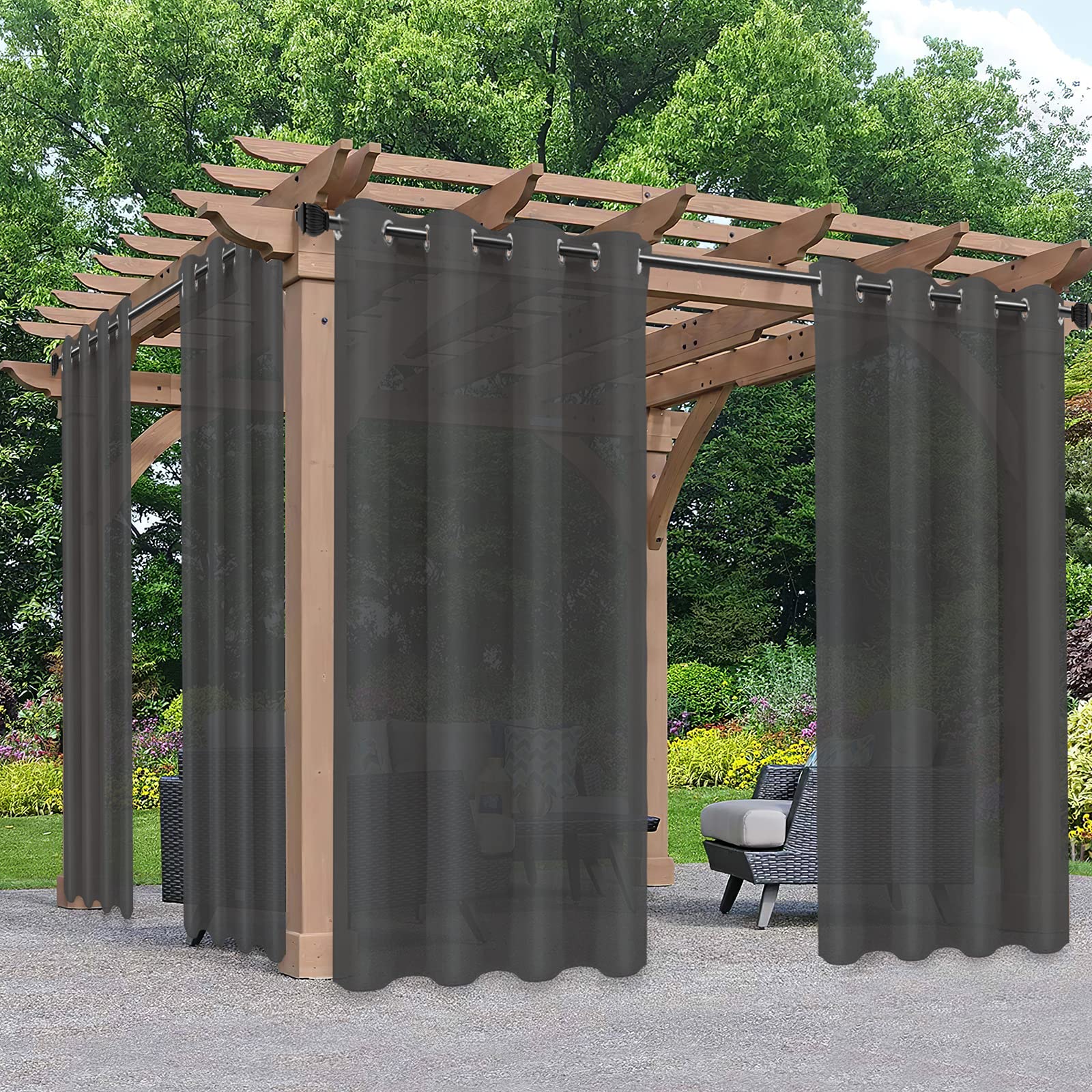 PureFit Sheer Outdoor Curtains for Patio Waterproof/Weatherproof, Fade Resistant Outside Voile Curtains for Gazebo, Front Porch, Pergola, Sun Filtering Privacy Curtain, 54 x 84 inch, Set of 2, Black