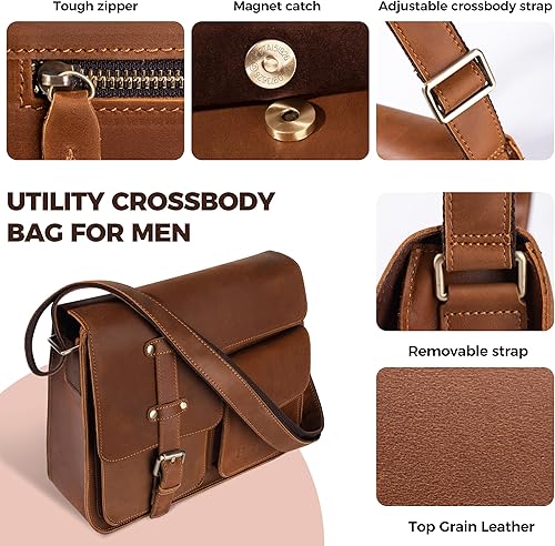 Miniatura 5 de Bolso bandolera de cuero para hombre Bolso de piel de vaca auténtica con bolsillos delanteros y correa ajustable