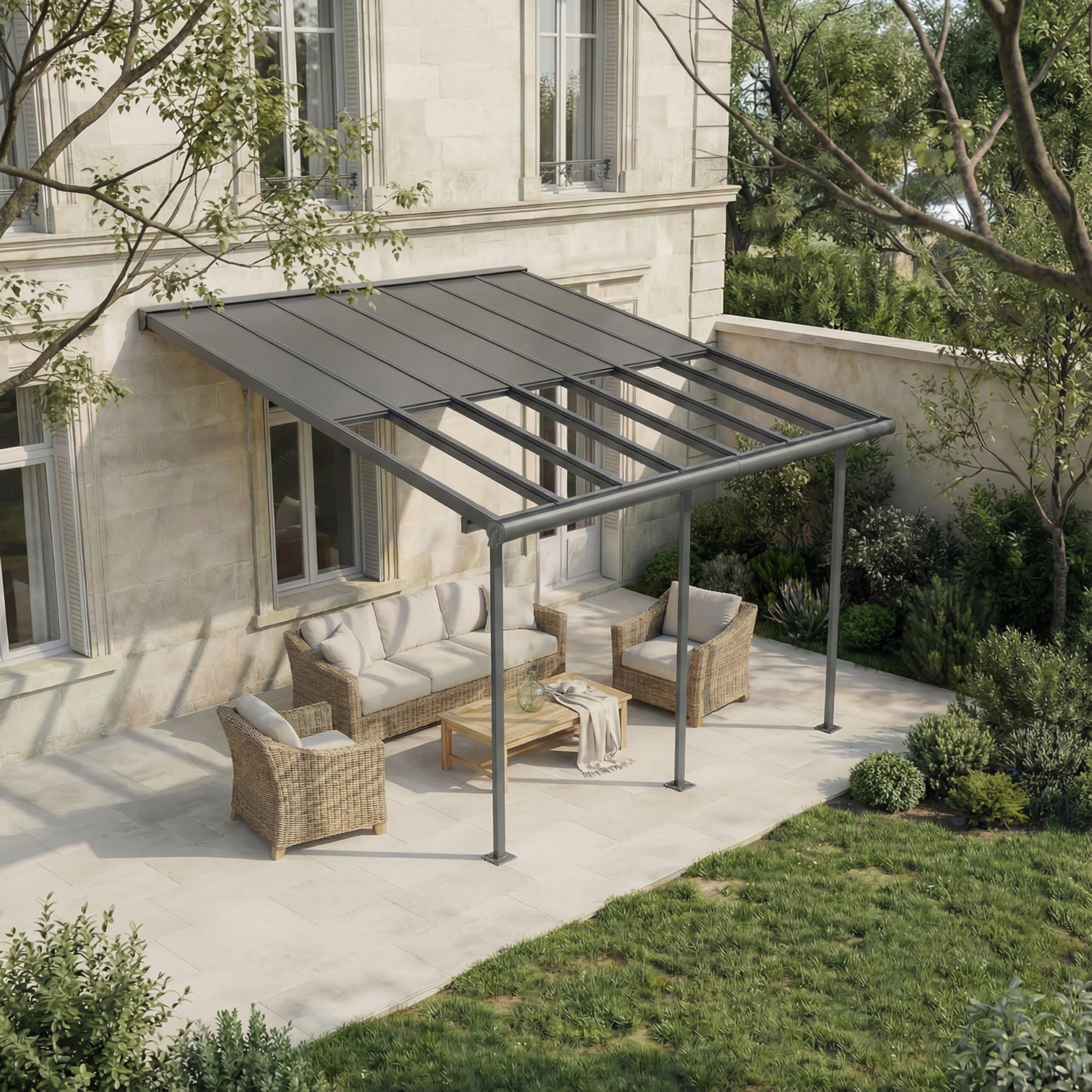 Canopia Palram Sierra Cabrio, baldacchino per terrazze, 295 x 434 cm, telaio in alluminio grigio, sistema di tetti scorrevoli, doppio pannello in grigio opale, resistente ai raggi UV e alle intemperie
