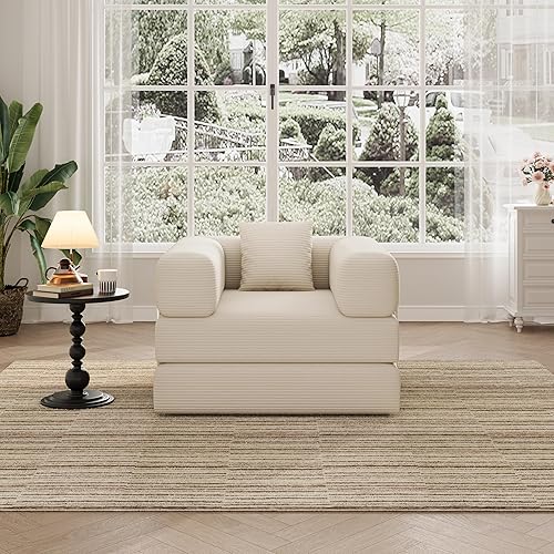 Miniatura 8 de Sofá cama plegable, sofá convertible 2 en 1 para tumbona, cómodo puf individual, portátil, plegable, futón para dormitorio, sala de estar (beige,