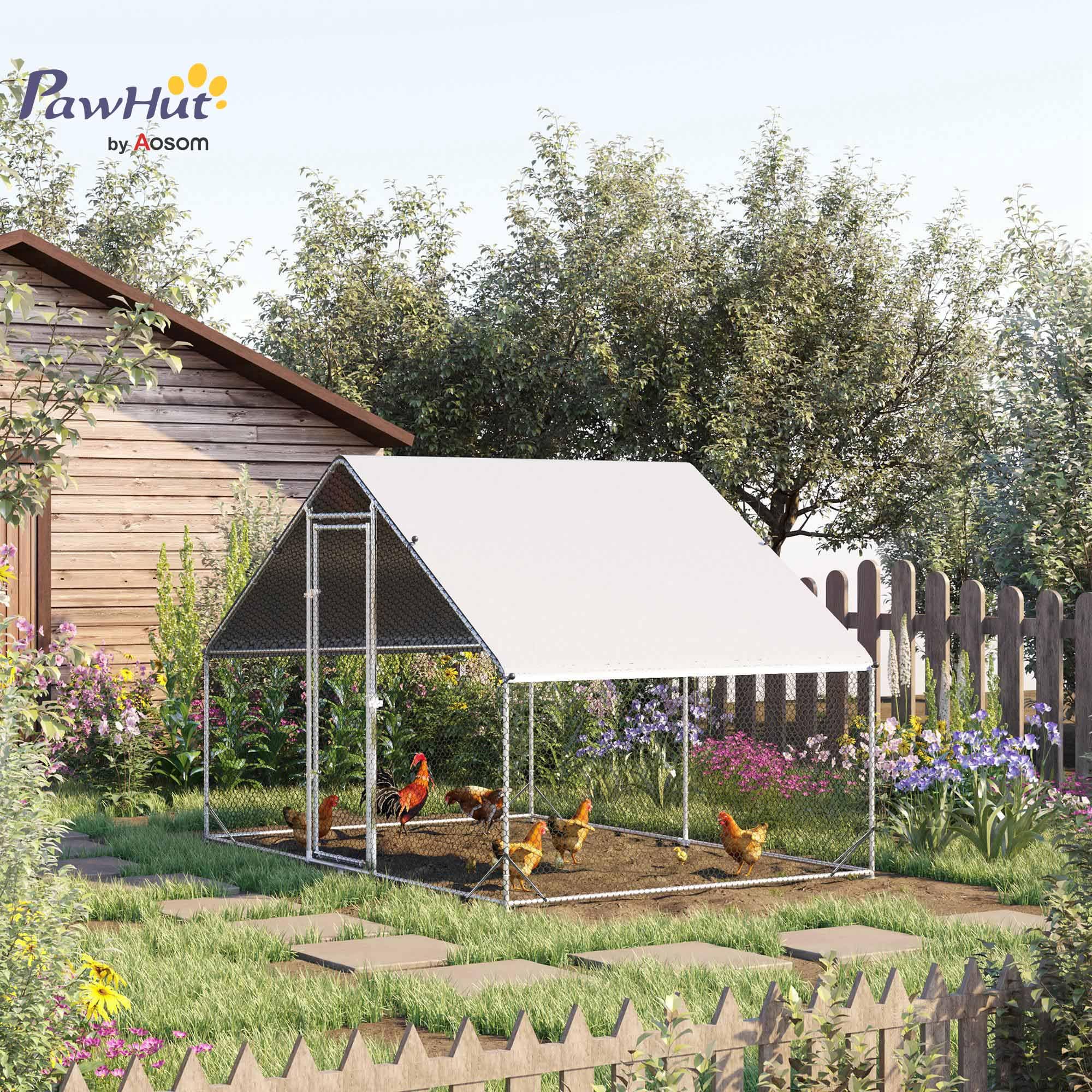 PawHut Enclos pour Poules XXL 6 m² - Grand Parcours Extérieur en Acier Galvanisé 3x2x2m - Volière de Jardin Anti-Renard avec Bâche de Toit pour 4-6 Poules, Canards ou Lapins, Gris