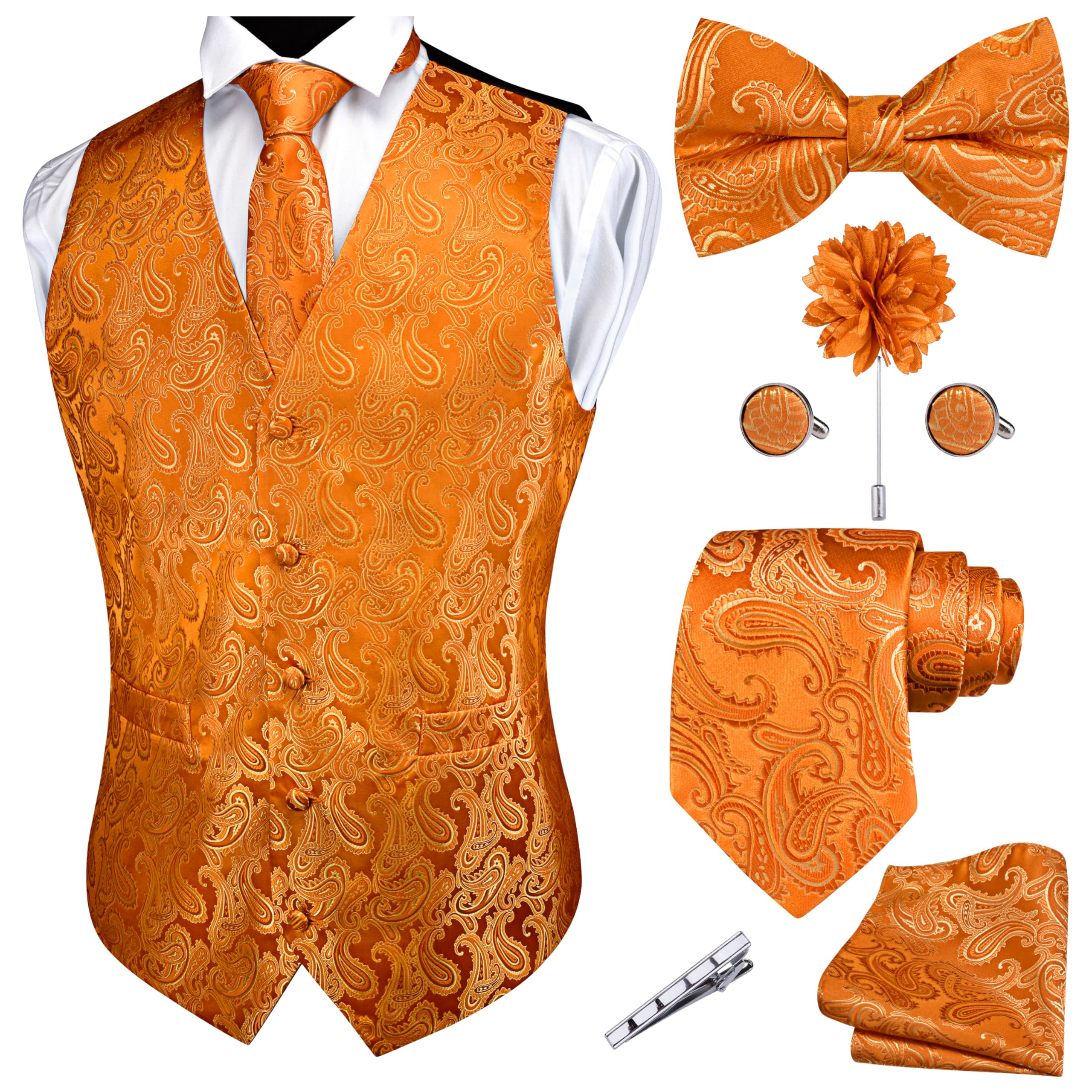 GUSLESON Formal Men Vest Paisley Floral Jacquard Tie Waistcoat Bow tie Hanky Lapel Pin Cufflinks Set Wedding 7PCS