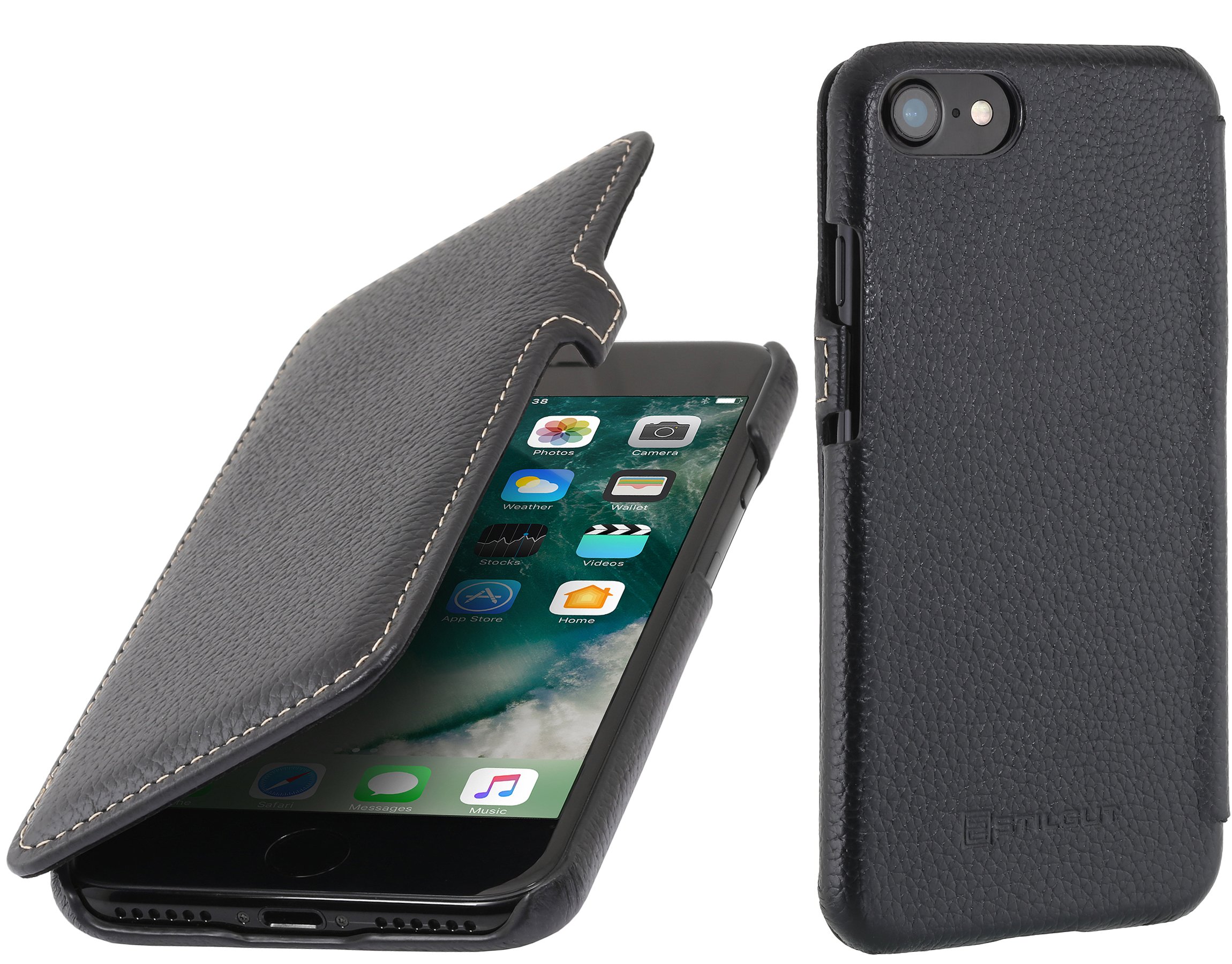 StilGutBook Type Flip Case for iPhone SE/8/7 (4.7"), Genuine Leather iPhone 8/7 & iPhone SE 2020 Case with Closure, Black