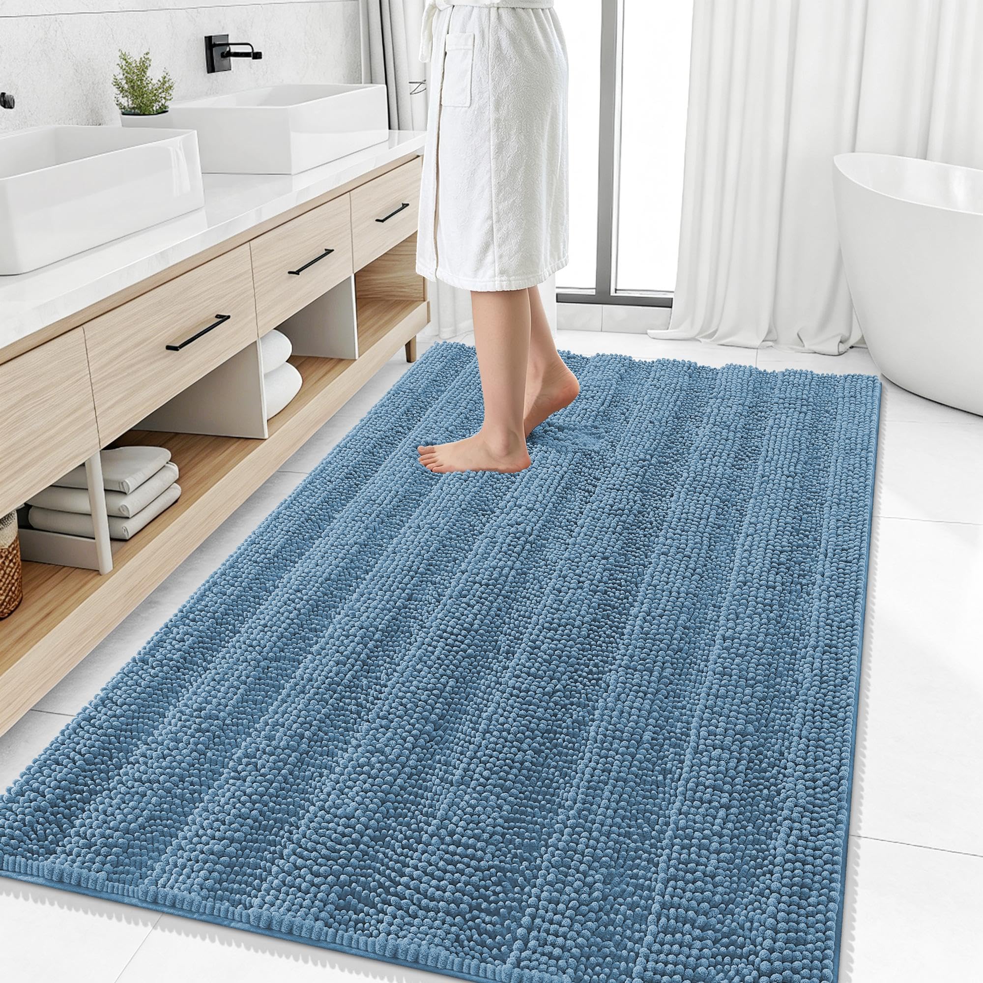 Smiry Thick Chenille Large Bathroom Runner Rugs 50x30, Bath Mat, Airy Blue