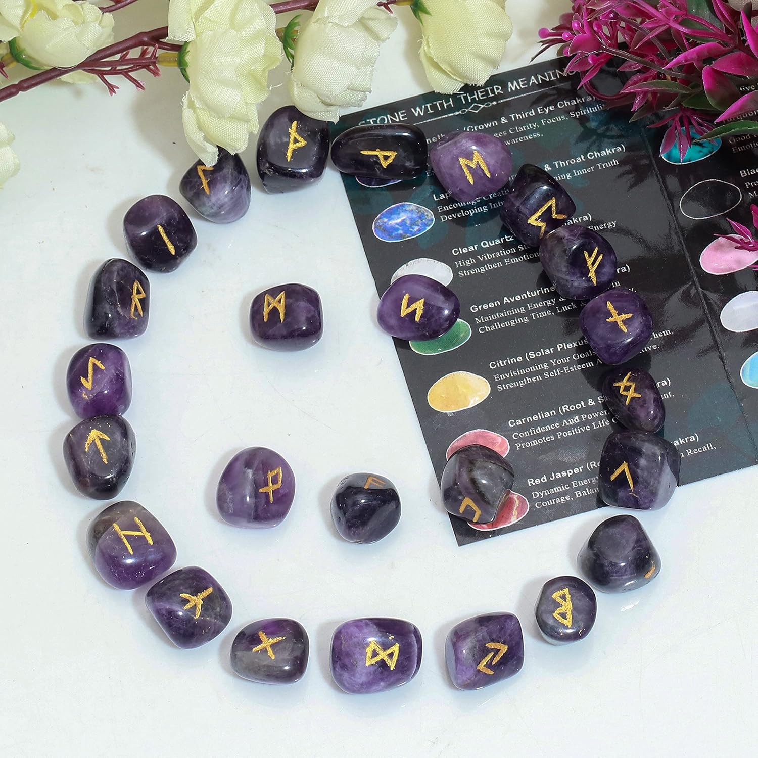 Crocon Amethyst Gemstone Rune Stones Set with Elder Futhark Alphabet Engraved Symbol 25 pcs Set for Feng Shui Chakra Balancing Reiki Healing Crystal Runes Stones Set Size: 15-20 mm