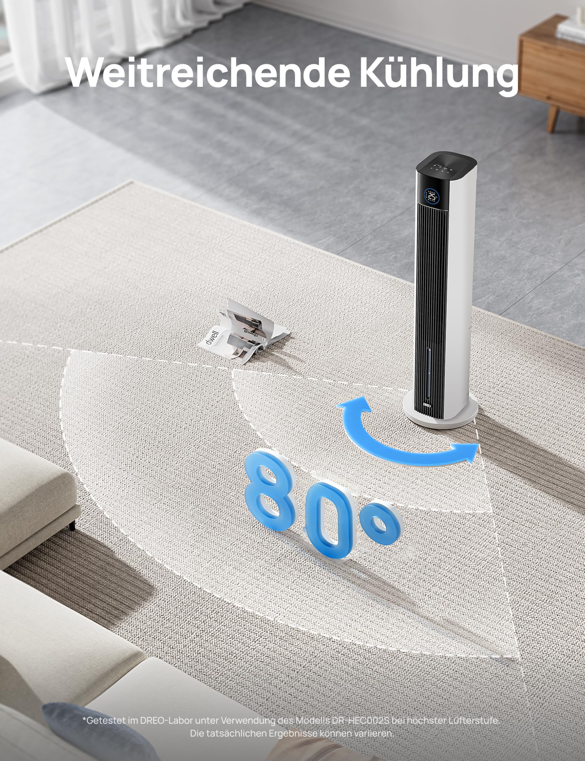 DREO Turmventilator mit Wasserkühlung, 110 cm Luftkühler mit Wasserkühlung Leise, 4-Geschwindigkeiten-4-Modi Verdunstungskühler, APP-Steuerung, Eisbeutel, 80° Oszillation, 12-Std. Timer, Weiß