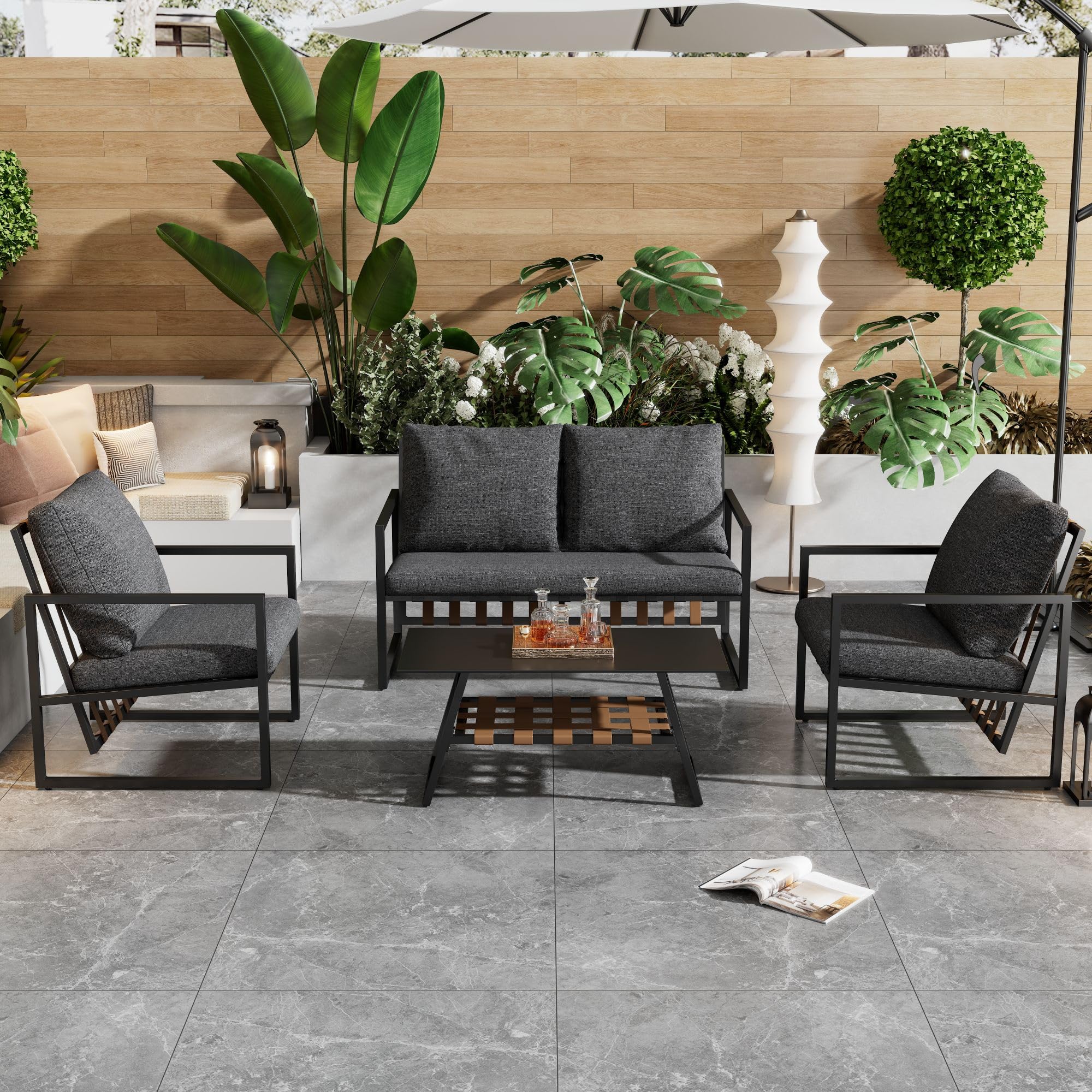 Moimhear Juego de sofá de 4 piezas para exteriores, mesa de café con capa de almacenamiento, tubo de acero galvanizado, diseño de correa de PVC, mesa de cristal templado, cojines extraíbles y lavables