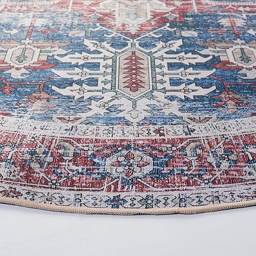 Miniatura 5 de SAFAVIEH Alfombra lavable Tucson Collection – Redonda de 6 pies, azul marino y rojo, antideslizante, ideal para zonas de alto tráfico en sala de