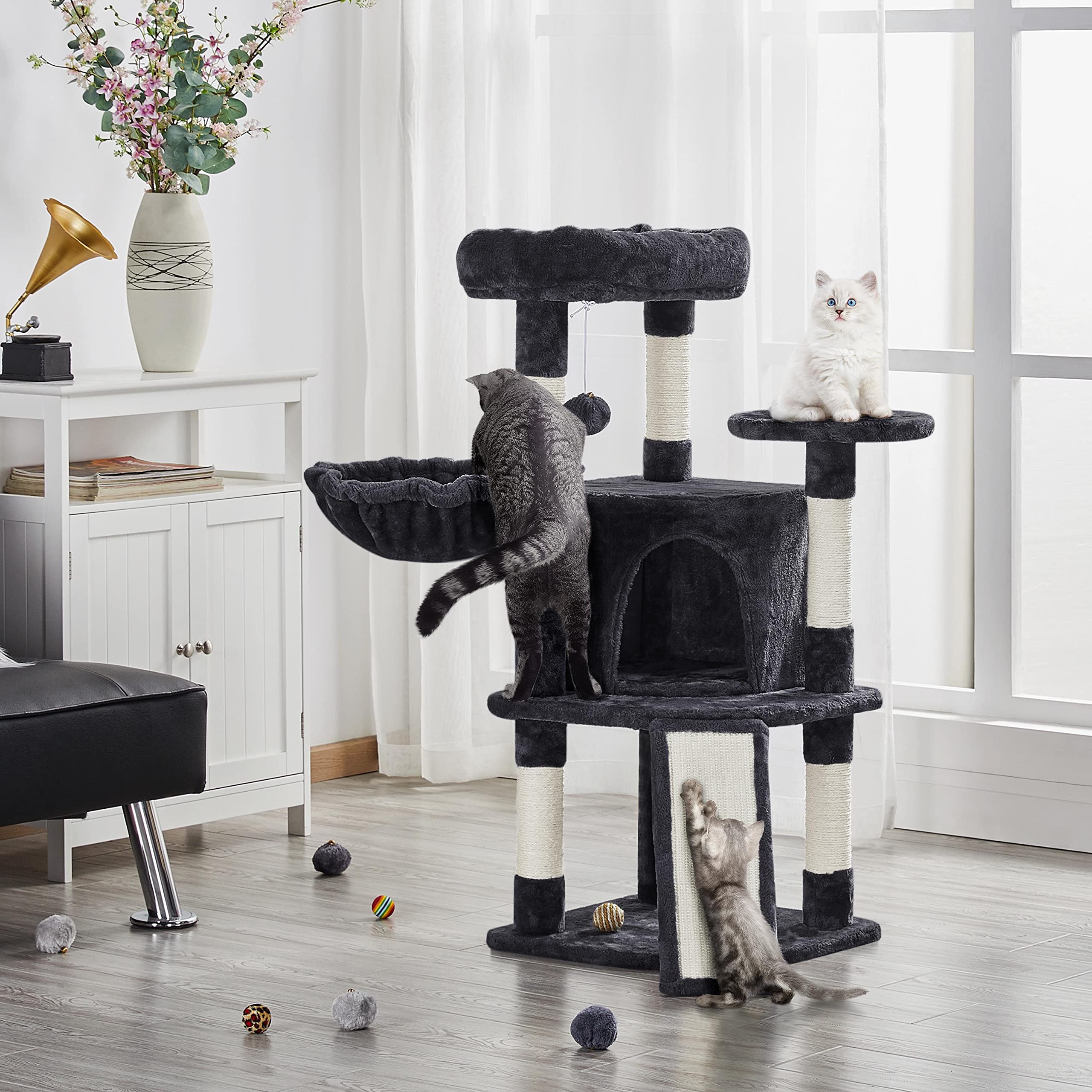 Yaheetech Árbol Rascador para Gatos Altura 106 cm Torre de Gatos Negro | Rampa de sisal, Correa antivuelco, postes cuerda de sisal, Bola colgante sustituible, Condominio grande, cesta acogedora