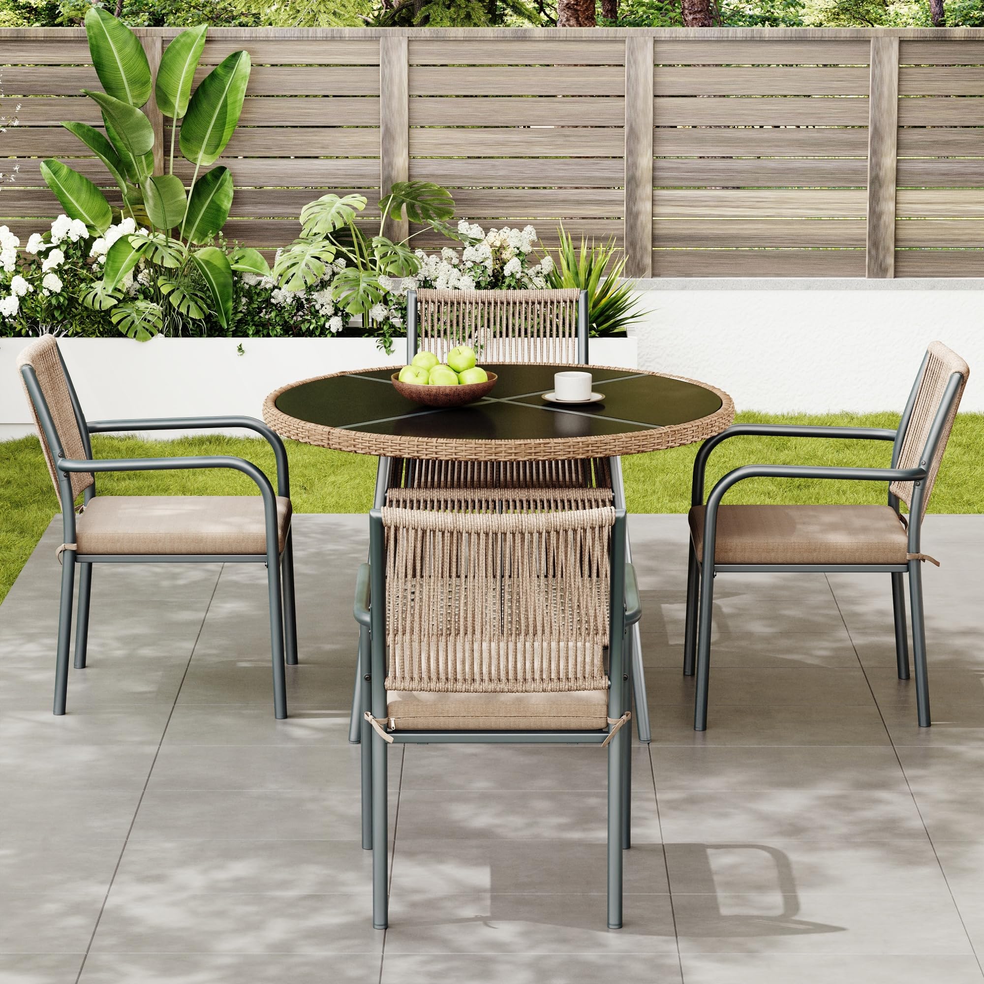 Conjunto Mesa y Sillas Jardín Ratán PE 5 Piezas, Conjunto Jardin Exterior con 1 Mesa de Comedor Redonda y 4 Sillones, Mesa y Sillas Terraza Exterior con Cojines, Marco Metálico, Gris