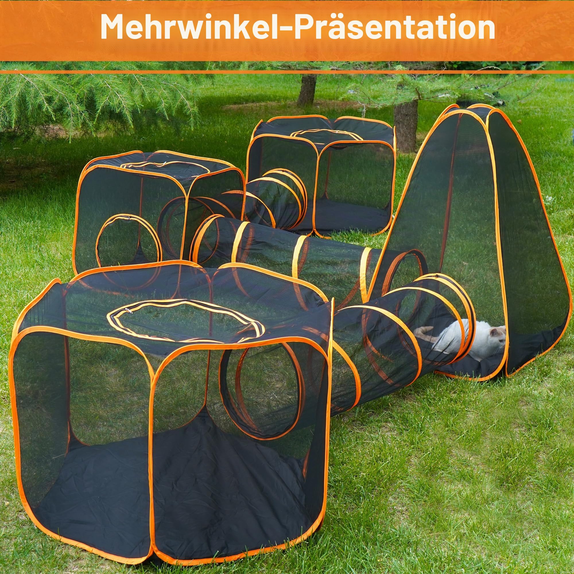 Outdoor Katzenlaufstall, faltbares Katzengehege, tragbares Pop-Up-Mesh-Zelt, Haustierzelt mit drei Tunnelkanälen, tragbares Outdoor-Tiergehege für Hunde (Orange, 7-in-1)