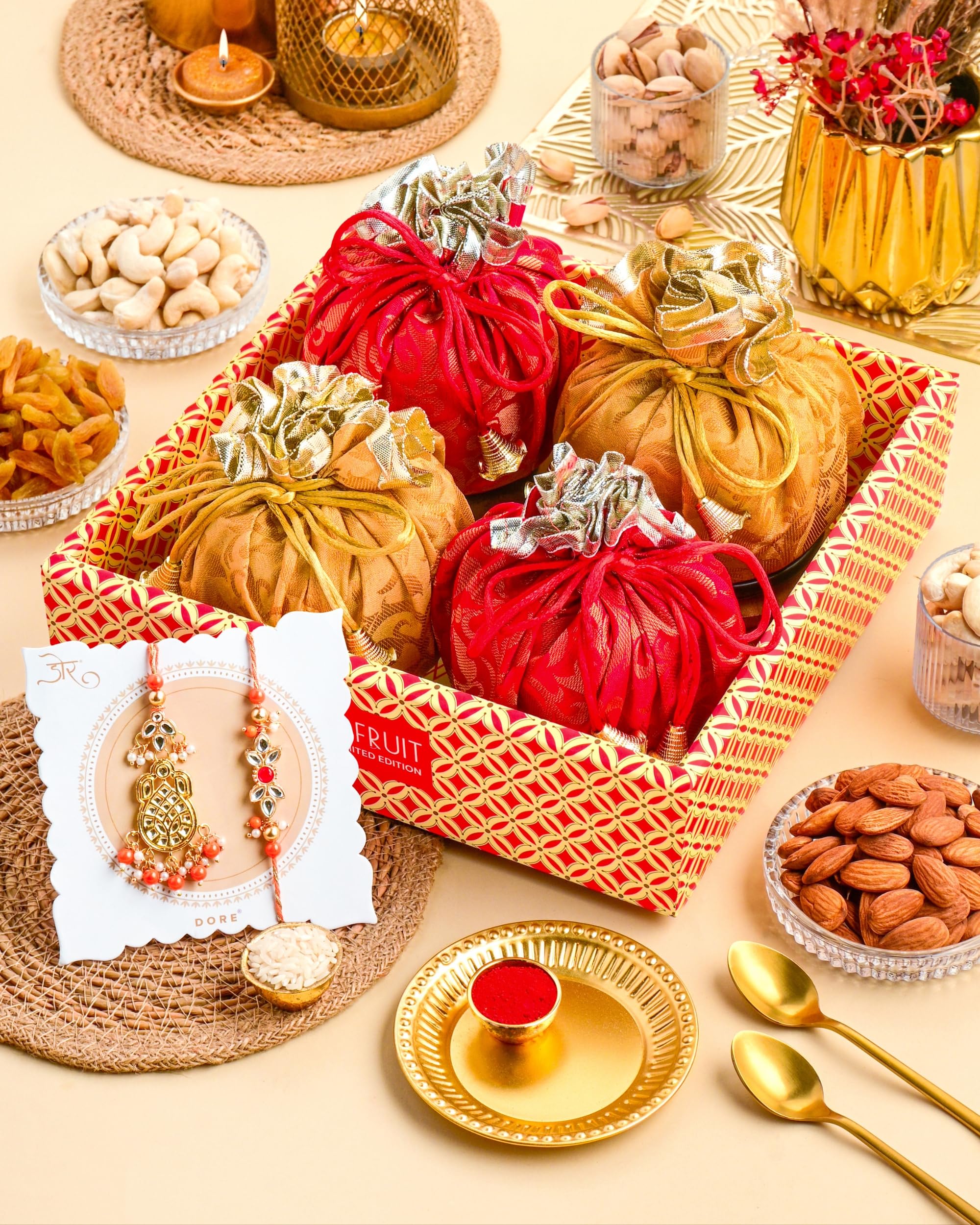 Hyperfoods® Rakhi Gift Hamper for Bhaiya Bhabhi Rawfruit's Handcrafted Potli Pack of 4 Cashew Almond Pistachios Raisins 495 Grams with Thali DryFruits Combo Pack Dry Fruits Gift Pack Rakhi with DryFruits Couple rakhi