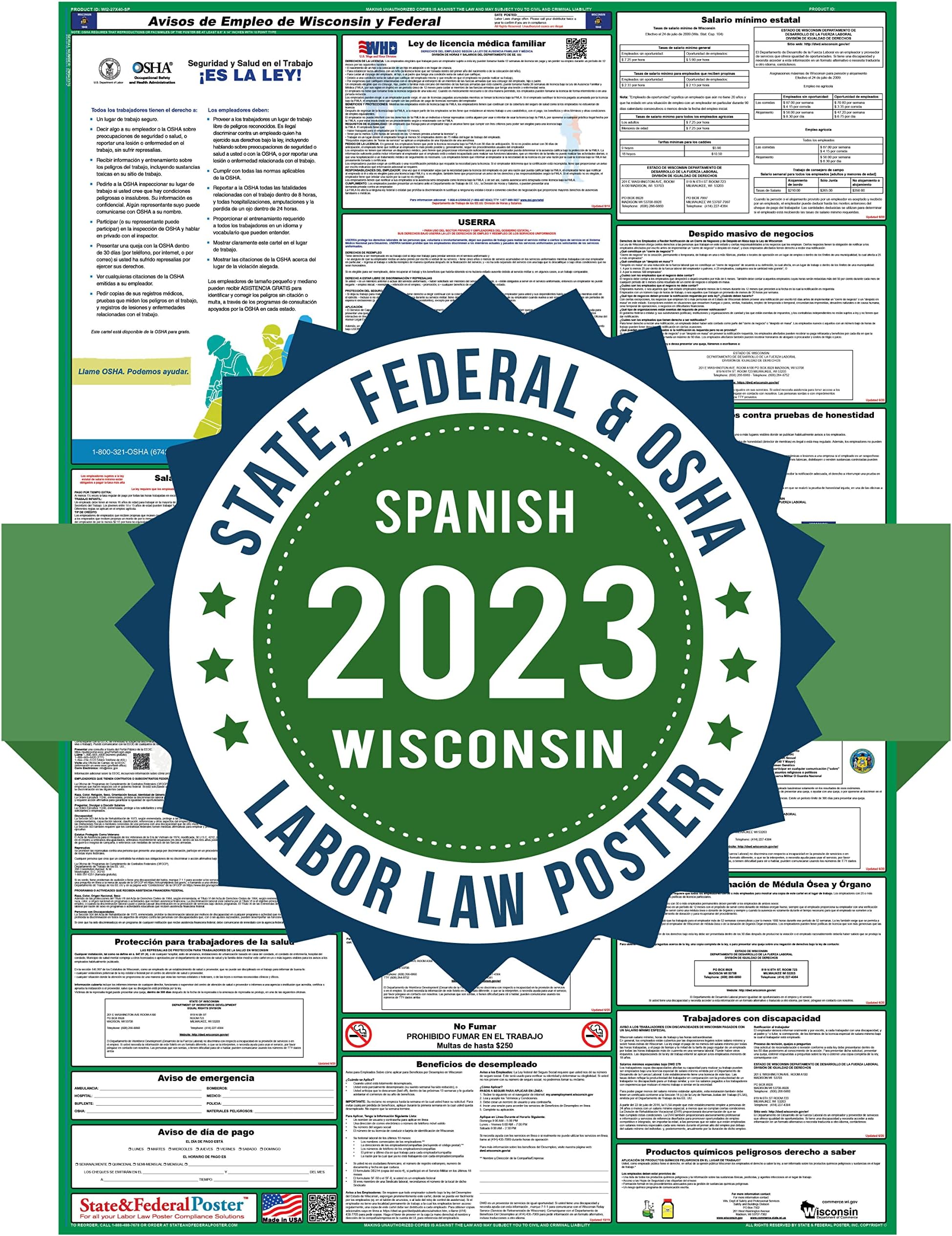 Spanish 2022 Wisconsin Labor Law Posters (Laminated) Combo State and Federal Poster 27"x40"