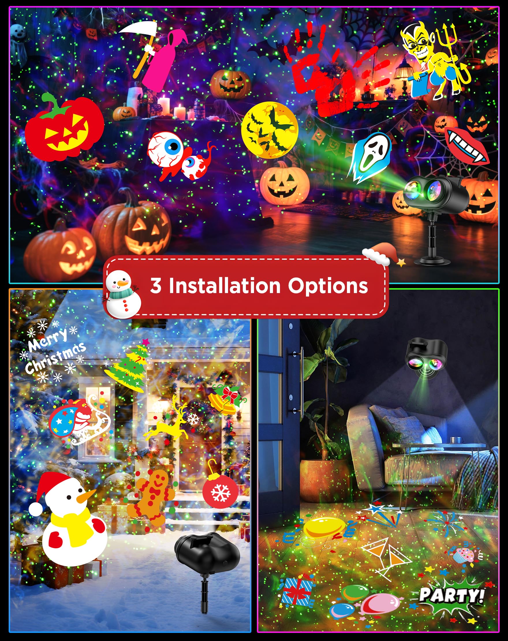 Weihnachtsprojektor Lichter Außen Wasserdicht, 20 Folien & 8 Helle HD Muster, Glühwürmchen & Ozeanwellen-Effekte, Timer Schneeflocke Lichtprojektor für Haus Hof Xmas Neujahr Valentinstag Thanksgiving