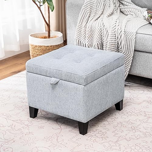 Miniatura 61 de Adeco Taburete de almacenamiento con diseño de escritura de tela, tapa con bisagras, patas de madera maciza, otomanas de 18 pulgadas de altura y 3D