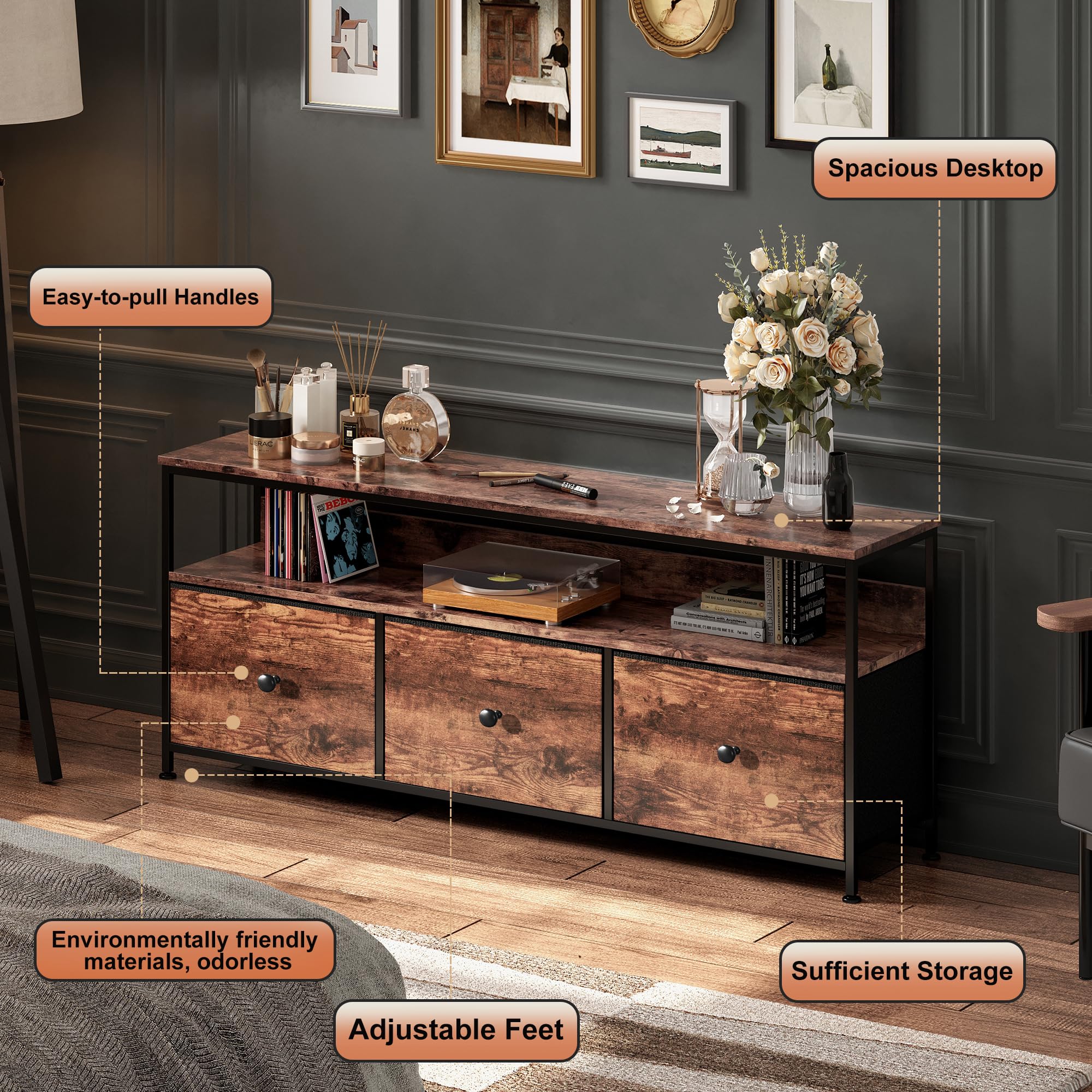 MINGZHE Armadio TV, Tavolo TV Retrò, Supporto Multimediale, Supporto TV con Cassetti, Centro di Intrattenimento, Console Multimediale, Supporto TV per Soggiorno, Retrò, Marrone 108x30x57 cm