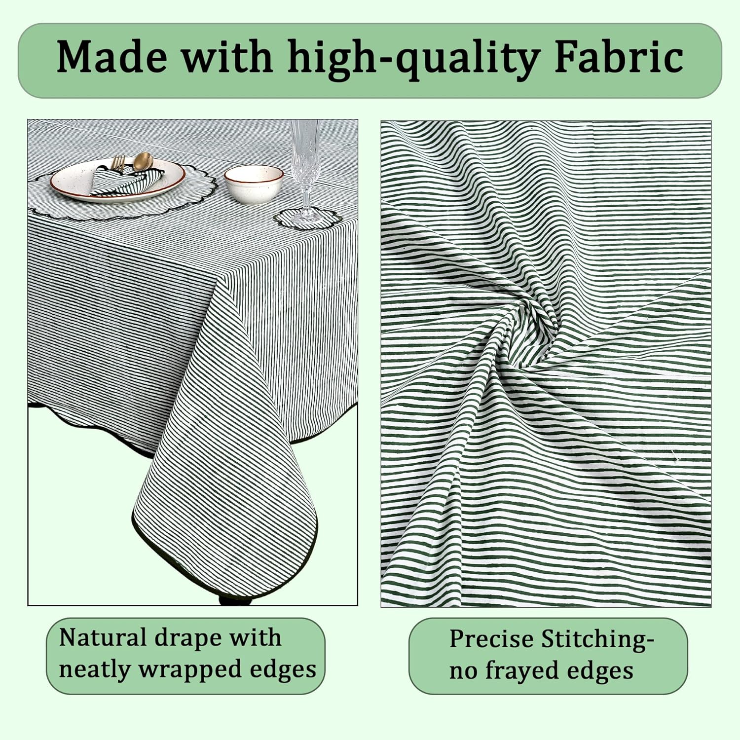 Ridhi Green Stripe Scallop 60x60 Inches Square 100% Cotton Hand Block Print Washable Decorative Spring Summer Parties/Wedding Use,Fall décor Farmhouse Dining Dinner Tablecloth