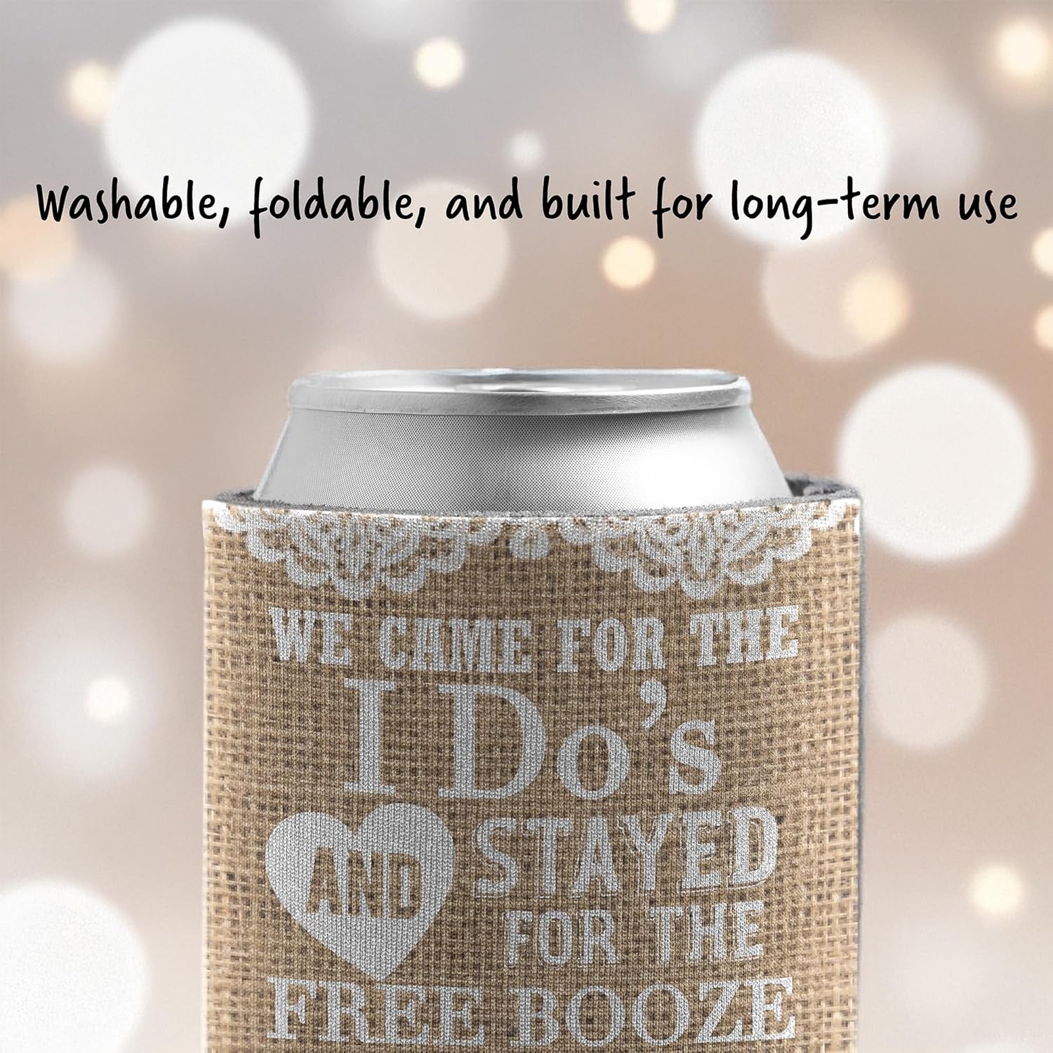VictoryStore Rustic Wedding Can Coolers – “I Do’s & Free Booze” Custom Can Sleeves – Set of 50 Personalized Favors for 12-16 oz Drinks