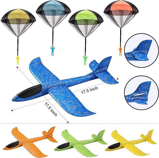 JOYIN 8 Pack 2 in 1 Foam Airplanes and Parachute Toy Combo Set, 2 Flight Mode Glider Planes, Large Throwing Foam Planes and Parachutes, Flying Toys for Kids Outdoor Play,Kids BackYard Outdoor Toys!