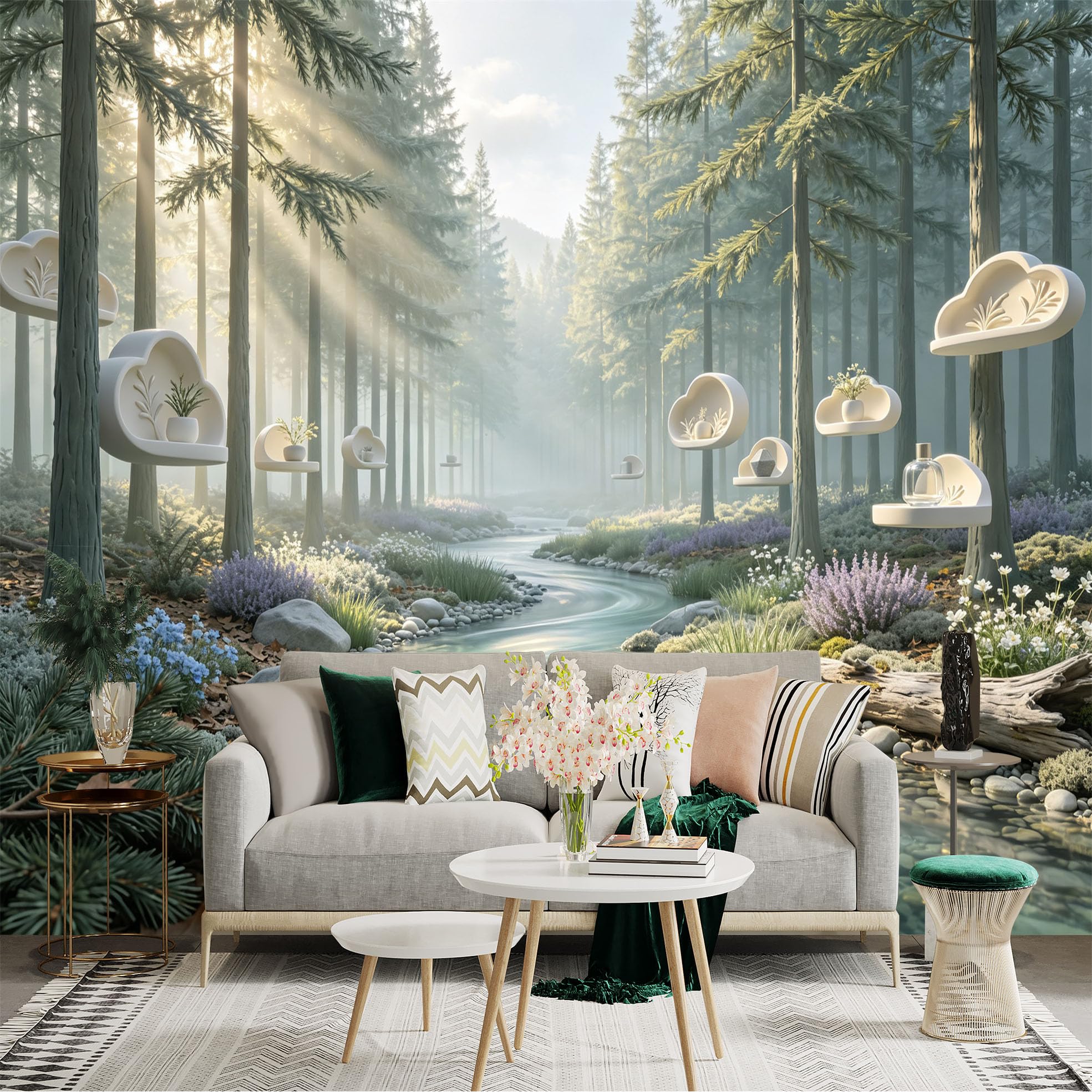 Lnzczhyre Bh260719806 Custom Size Wall Sticker Mural， Misty Forest Landscape， Floating Abstract Clouds， Serene River Scene， For Wall Decoration， Peelandstick Wall Decals.