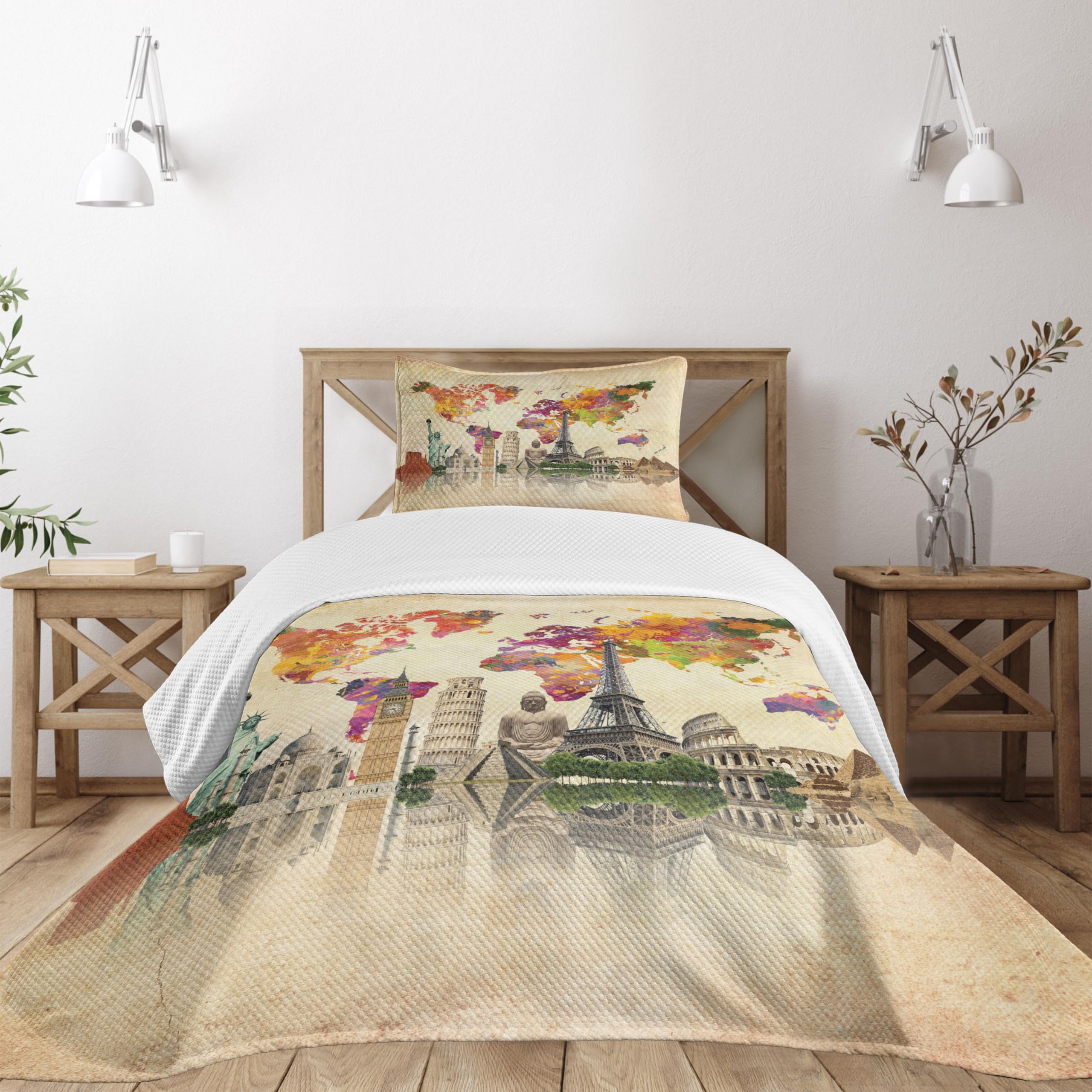 Colcha de viaje para amantes del turismo juego de cama con mapa de maravillas del mundo